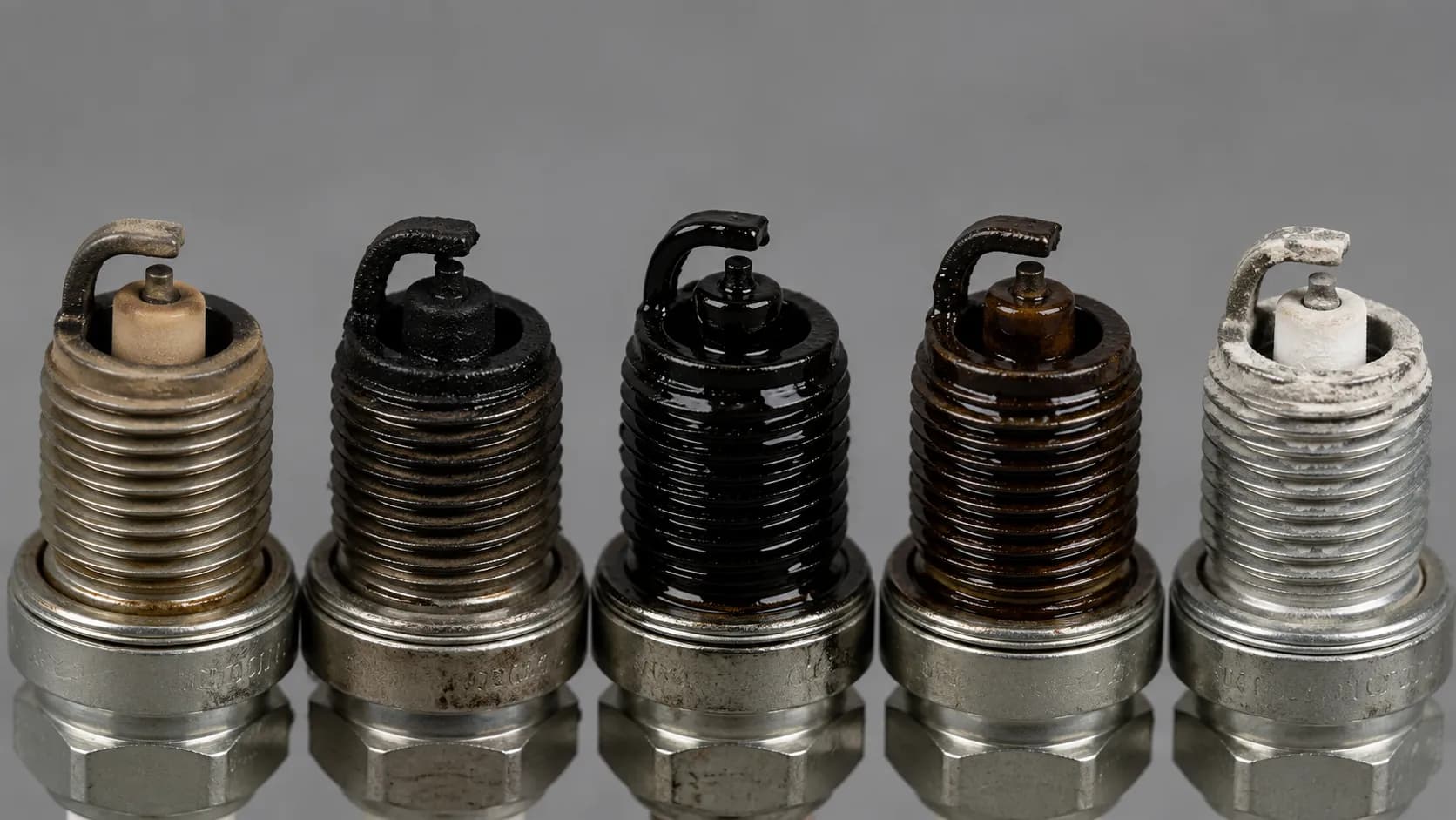 Macro comparison of five small engine spark plug firing tips photographed under identical lighting, showing pale tan, dry black, wet black, oily brown, and chalky white plug conditions.