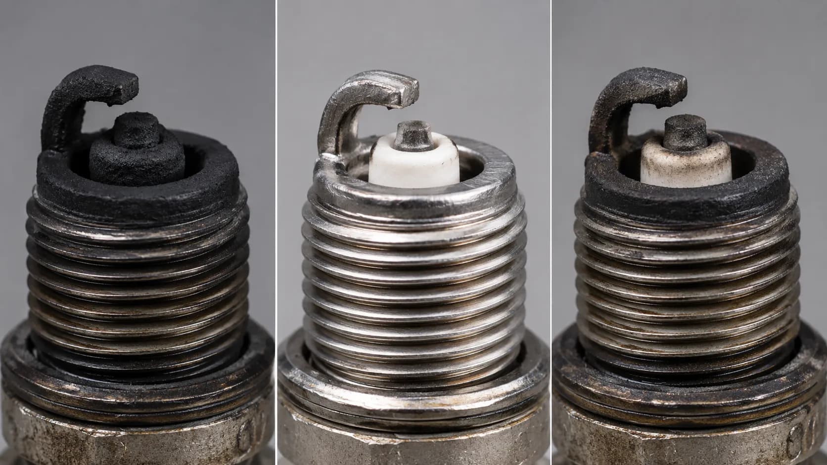 Three-panel macro comparison of the same small engine spark plug showing a heavily fouled plug, a cleaned plug, and the plug fouled again after two hours of operation with an unchanged air filter.