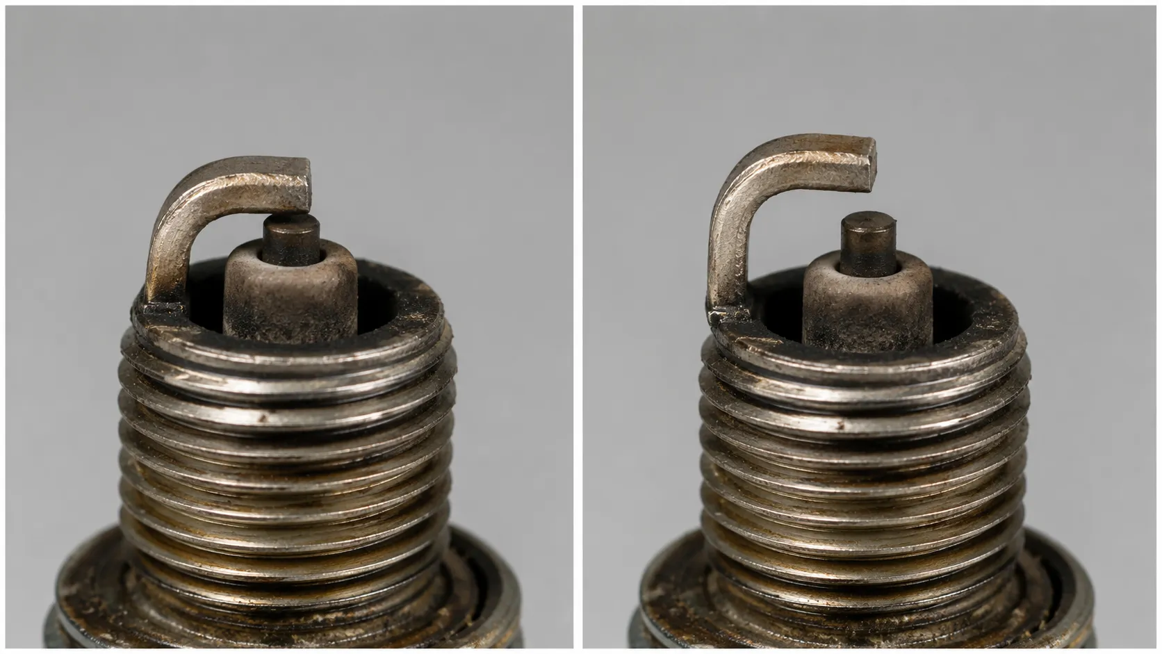 Side-by-side macro comparison of the same used spark plug showing a narrow 0.023-inch electrode gap on the left and a wider 0.036-inch gap on the right with carbon deposits visible.
