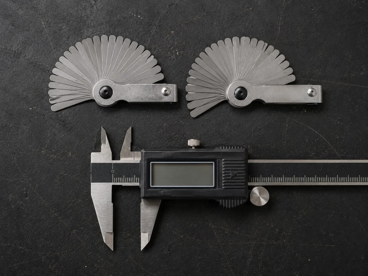 Two wire-style spark plug gap gauges beside a digital caliper on a workshop bench, illustrating how a caliper verifies small differences between spark plug gap gauges.