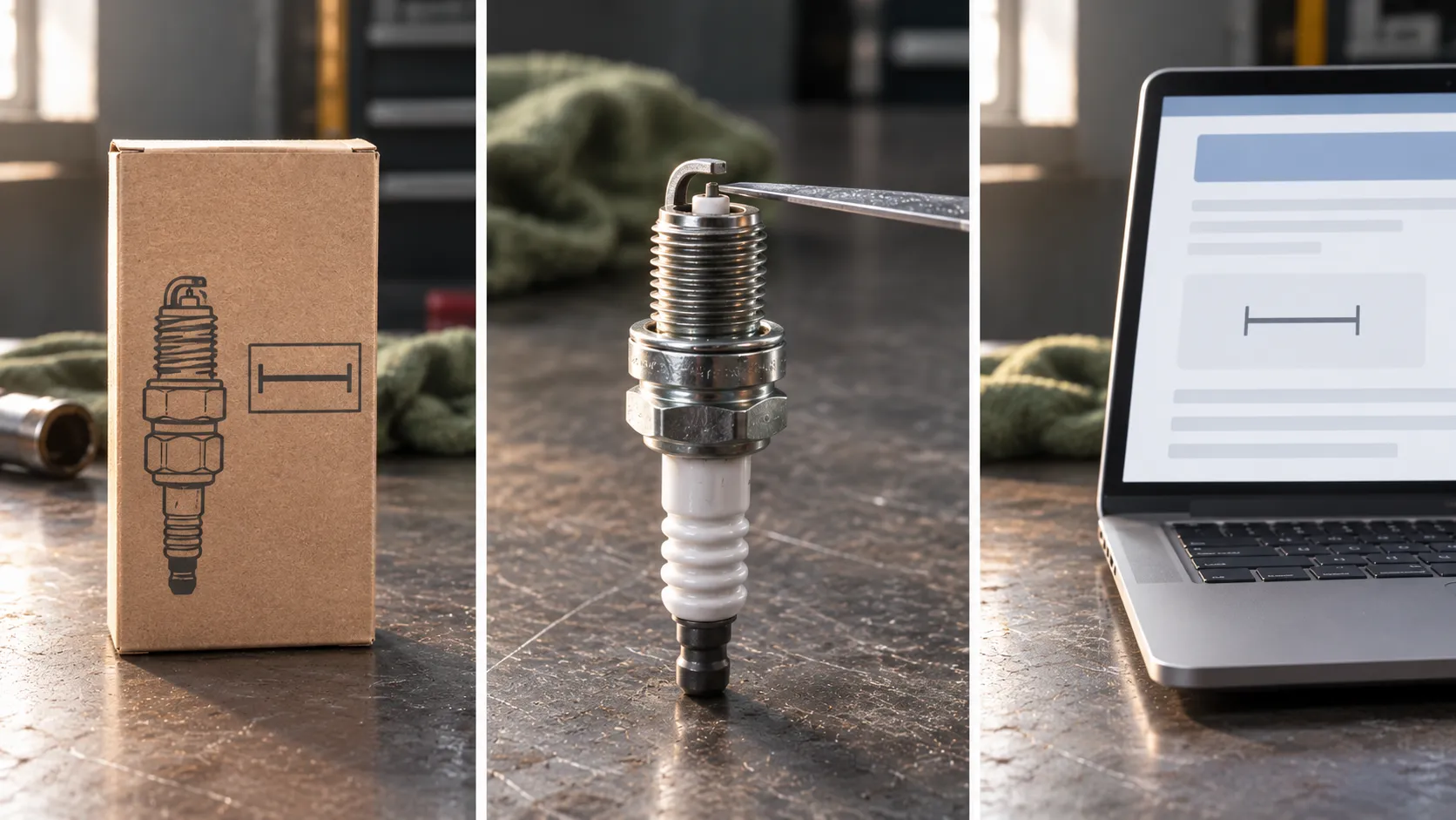 Three-panel image showing an unbranded spark plug box, a close-up of a new spark plug measured with a wire gap gauge, and a laptop representing the engine's recommended spark plug gap.