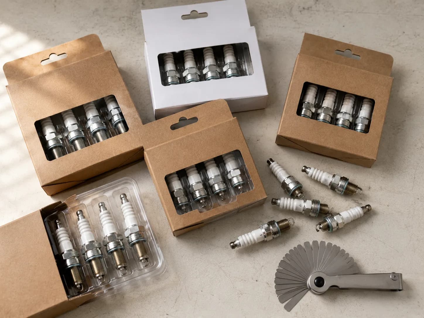 Overhead view of unbranded spark plug multi-packs with new spark plugs and a coin-style gap gauge, illustrating quick spark plug gap checks before installation.
