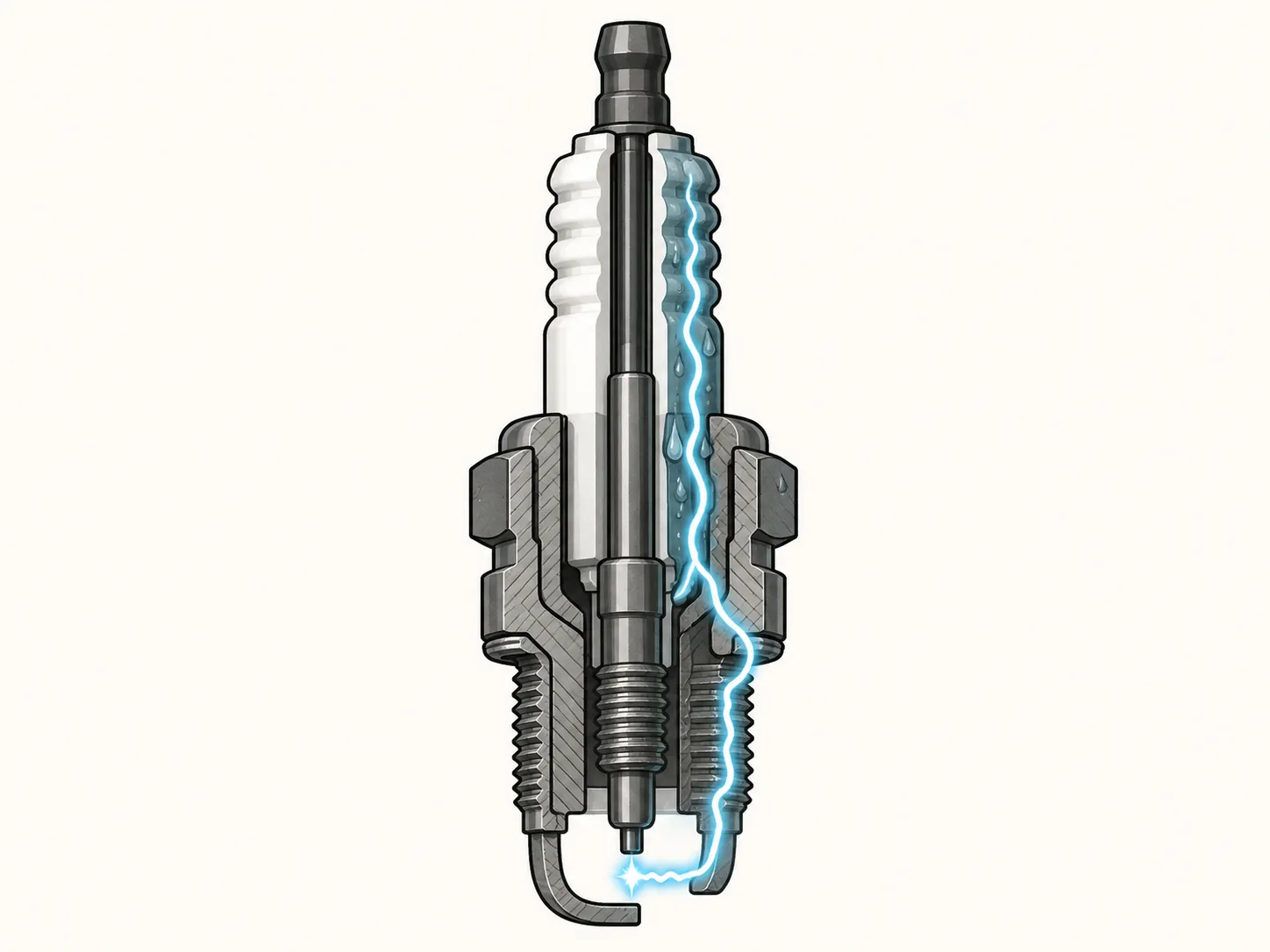 Technical illustration showing electrical surface tracking on a wet spark plug insulator, where the spark follows the ceramic to the metal shell instead of jumping the electrode gap.
