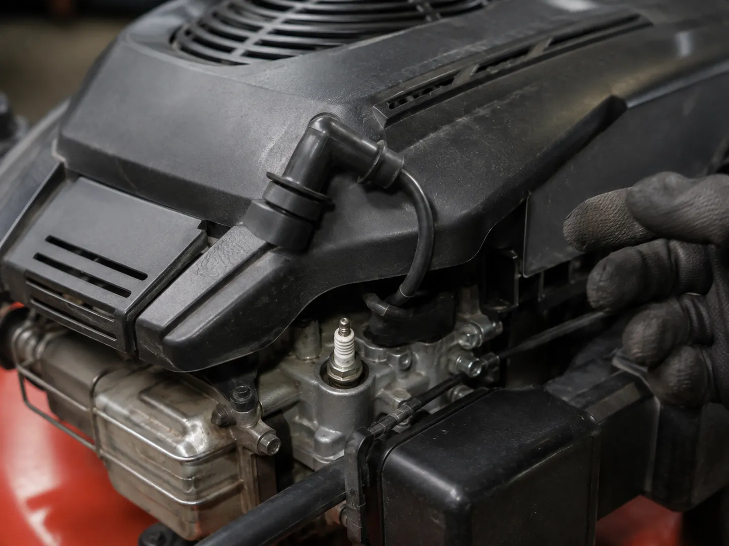 Close-up of a lawn mower engine with the spark plug boot disconnected and secured away from the exposed spark plug terminal before maintenance to prevent accidental engine starting.