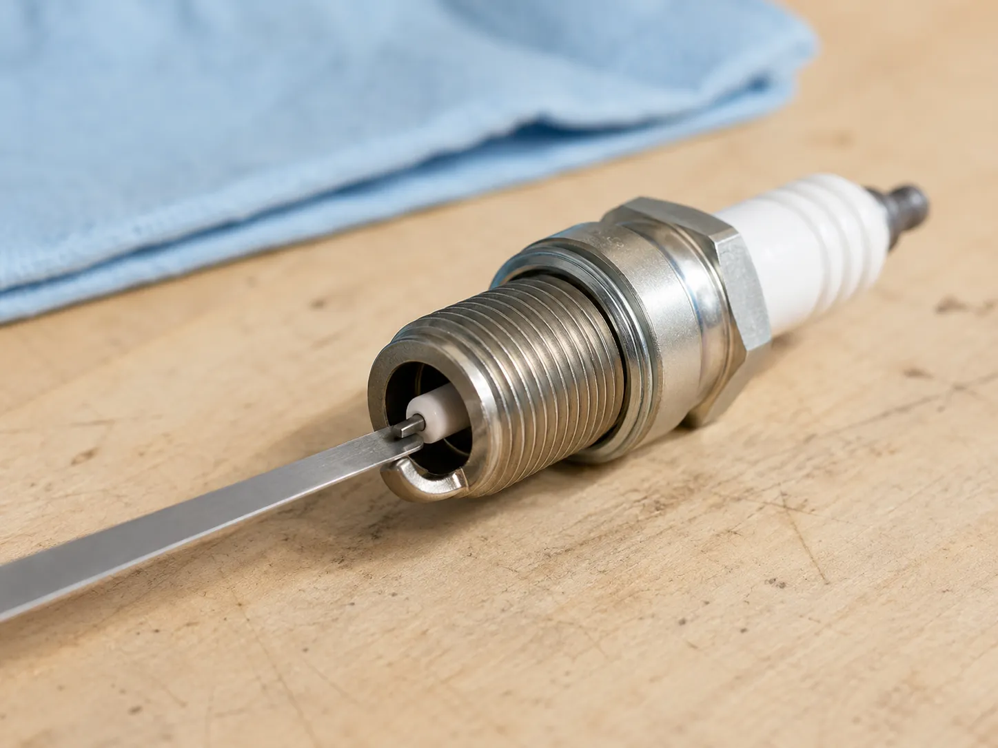 Close-up of a small engine spark plug lying on a light birch workbench with a thin steel wire gap gauge measuring the electrode gap, soft daylight, shallow depth of field, blue shop cloth blurred behi