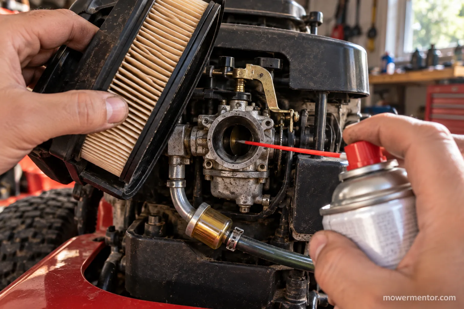 Spraying starter fluid into the carburetor throat of a riding lawn mower with the air filter lifted away.