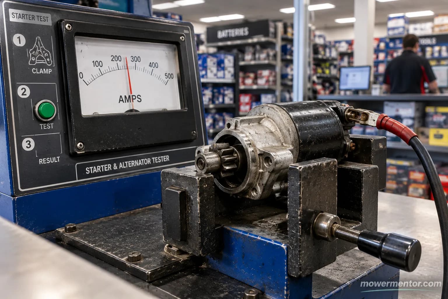 Starter motor amp-draw bench test at an auto parts store counter.