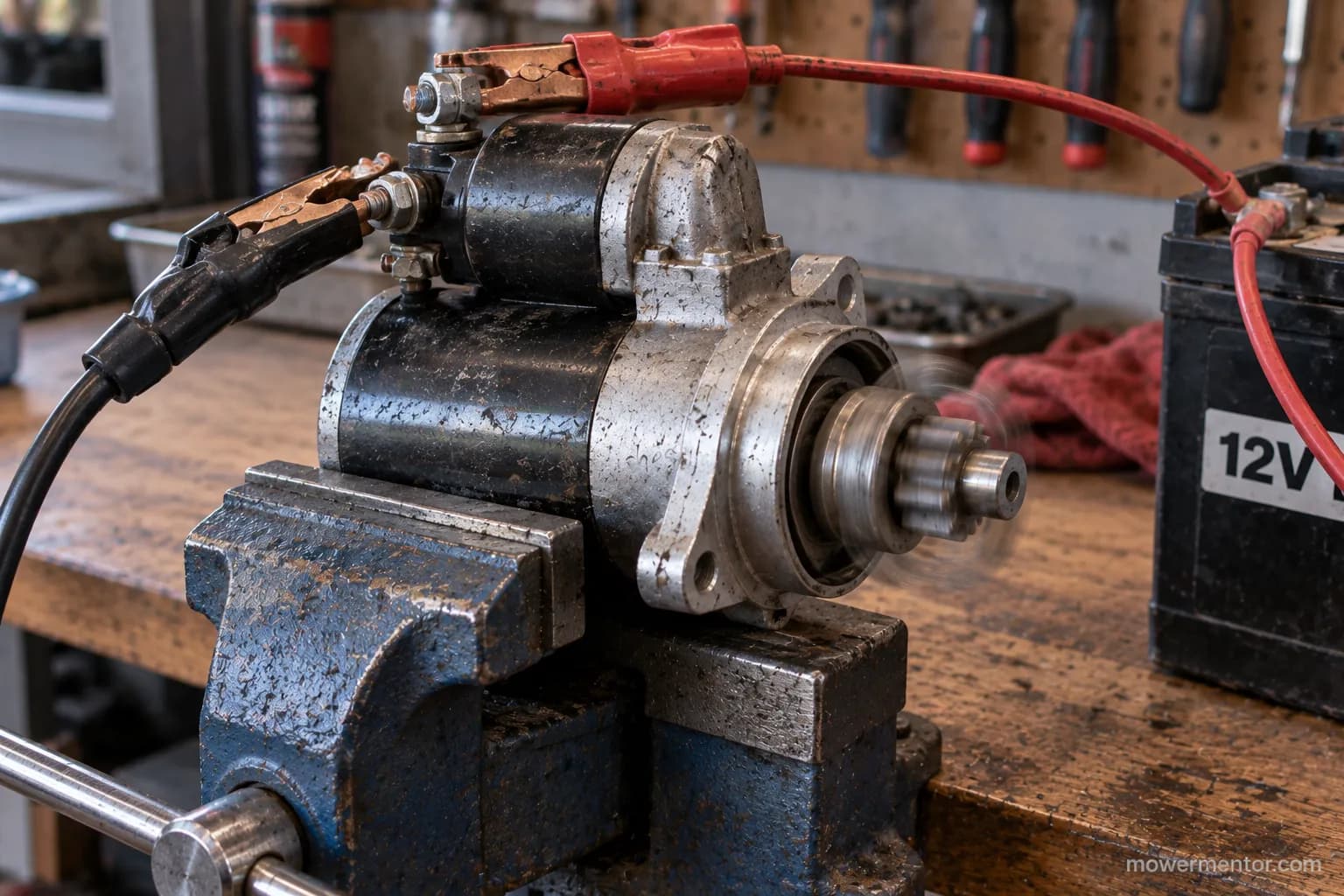 Rebuilt lawn mower starter bench-tested with jumper leads in a vise.
