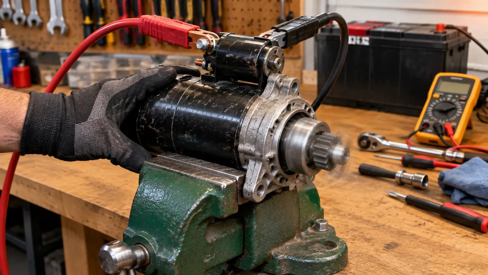 Bench testing a removed lawn mower starter clamped in a vise