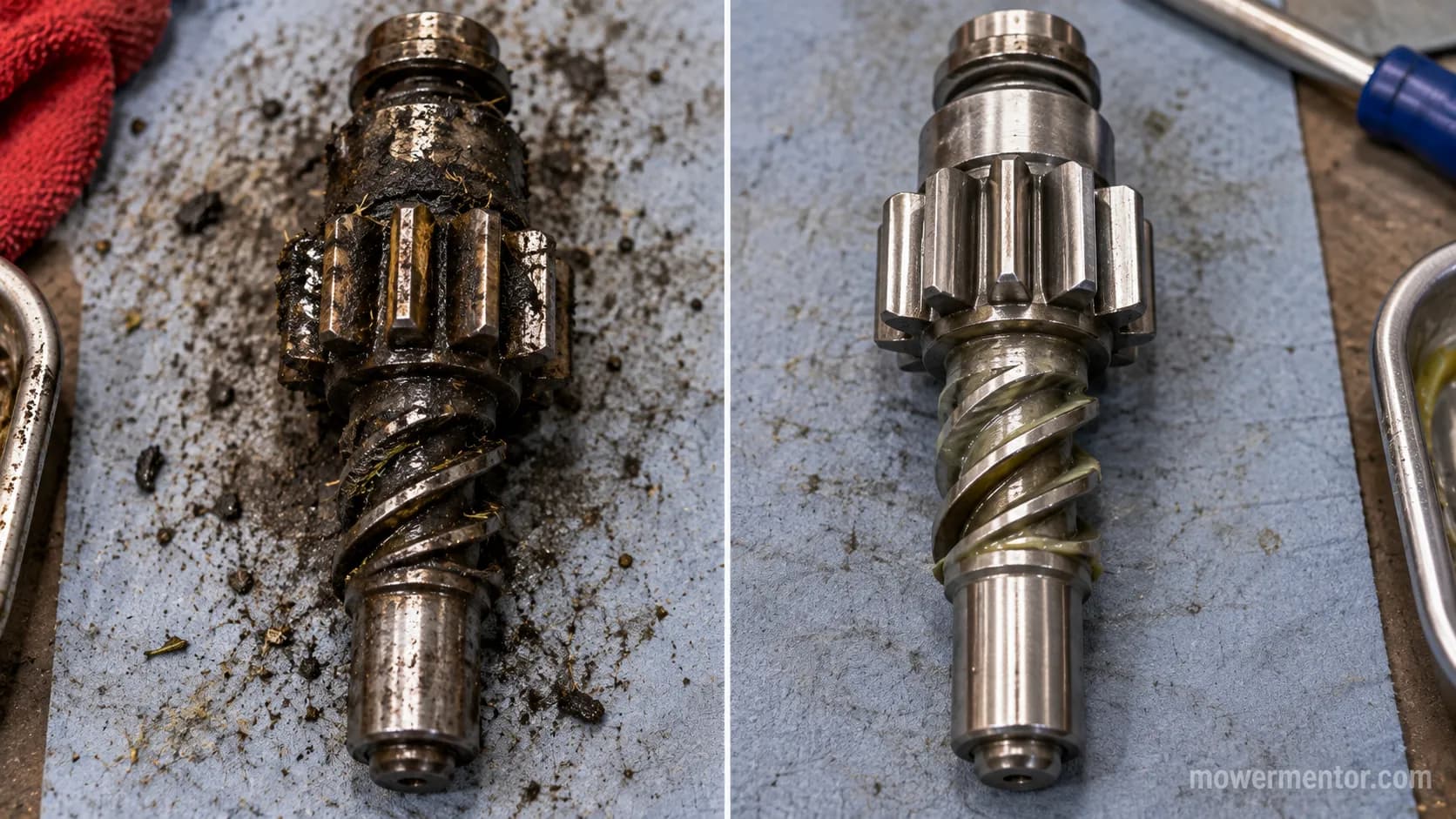 starter pinion and helix before and after cleaning next to a flywheel ring gear