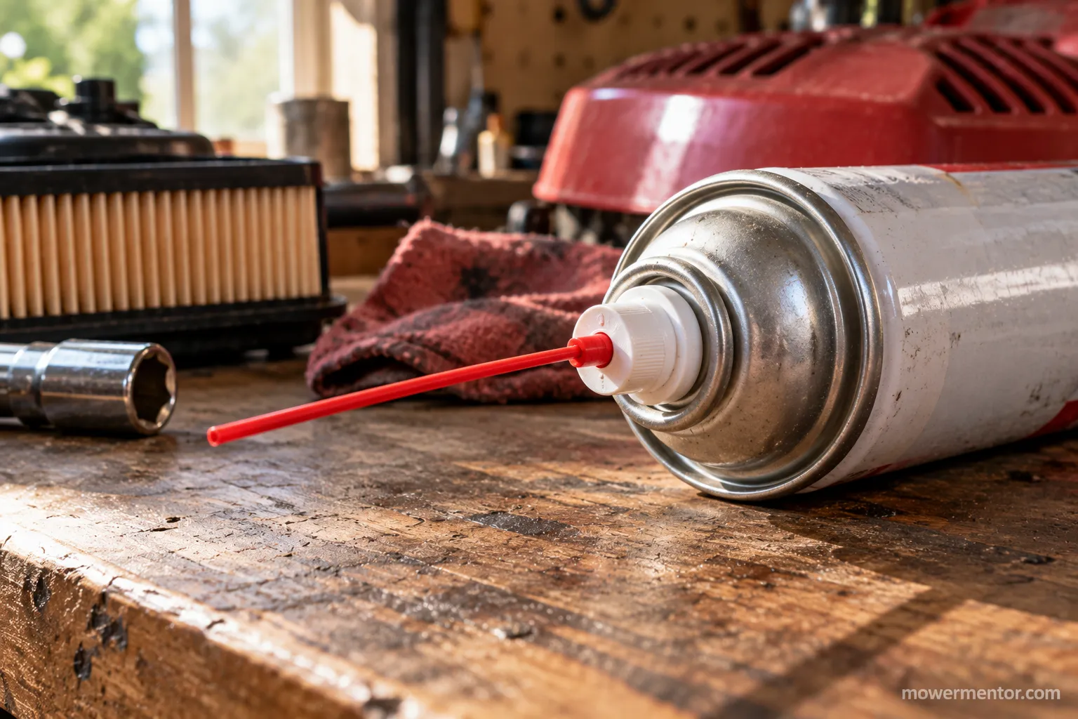 ther starting fluid can with a red straw nozzle for controlled short bursts.