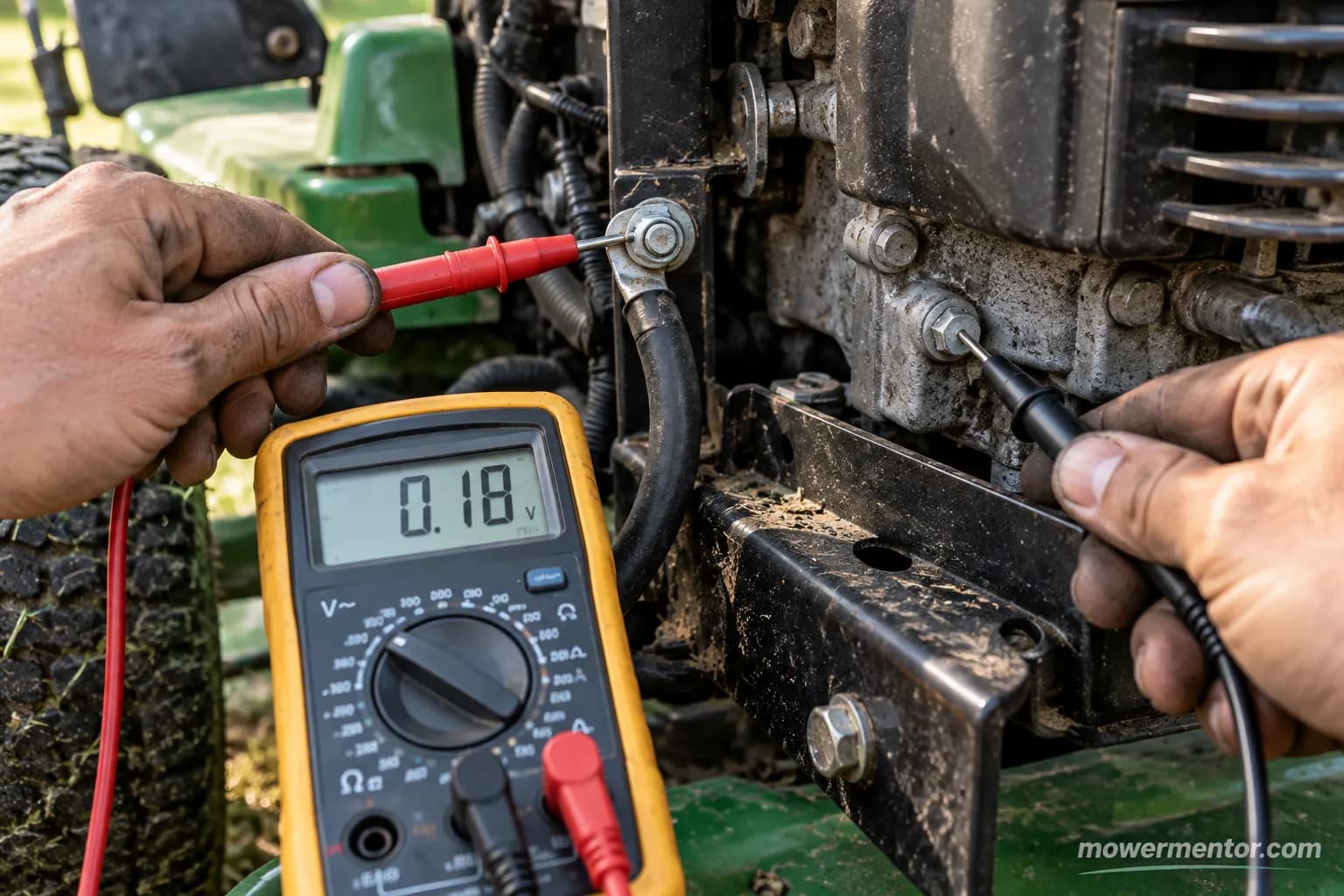 Multimeter measuring voltage drop on a riding mower starter ground cable.