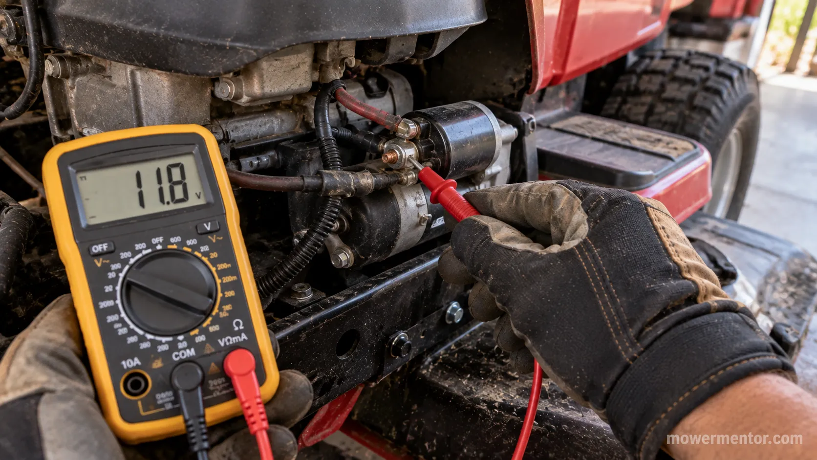 Testing a riding mower starter without removing it by probing the stud
