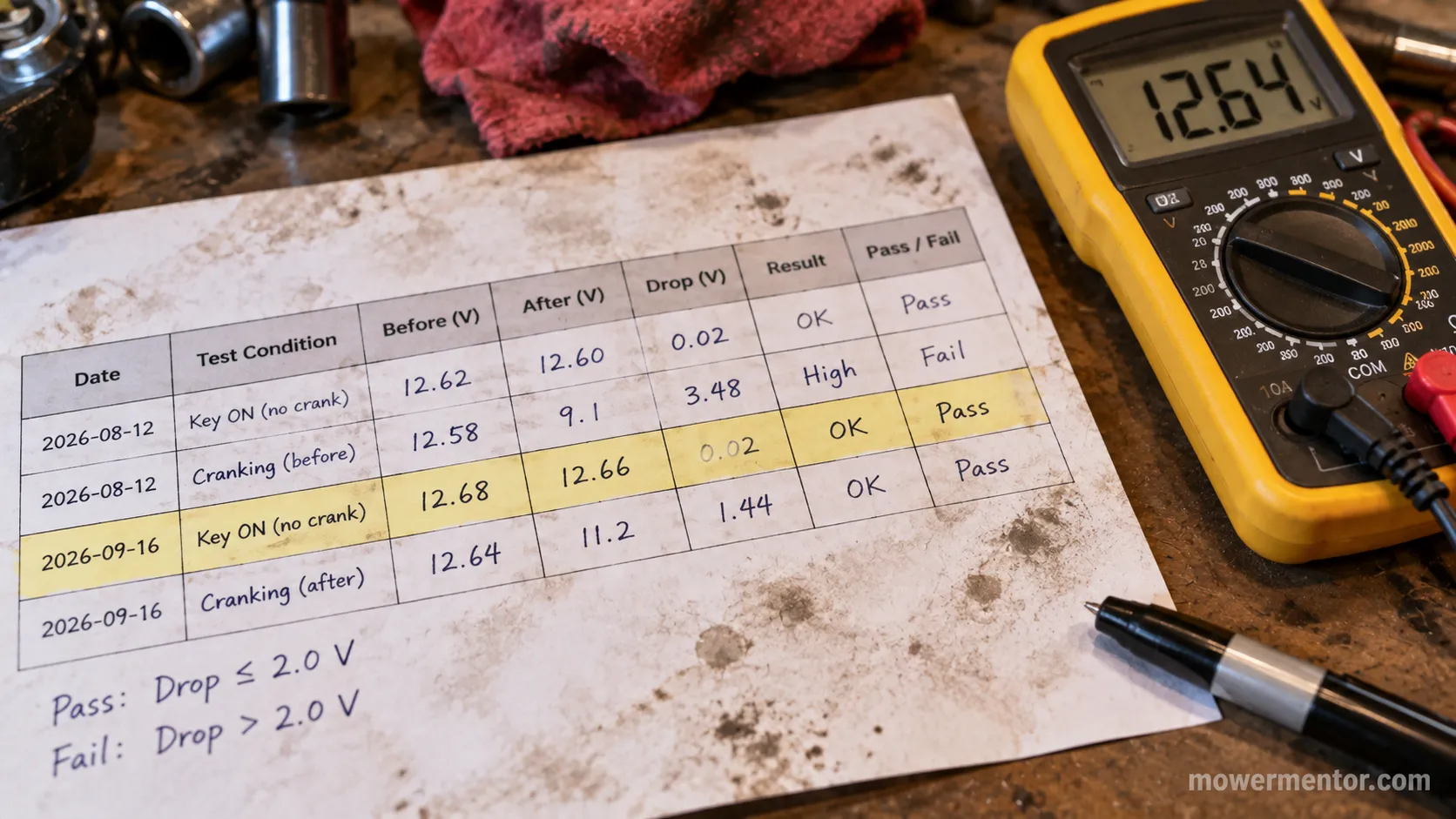 Voltage-drop pass and fail readings for a lawn mower starter circuit