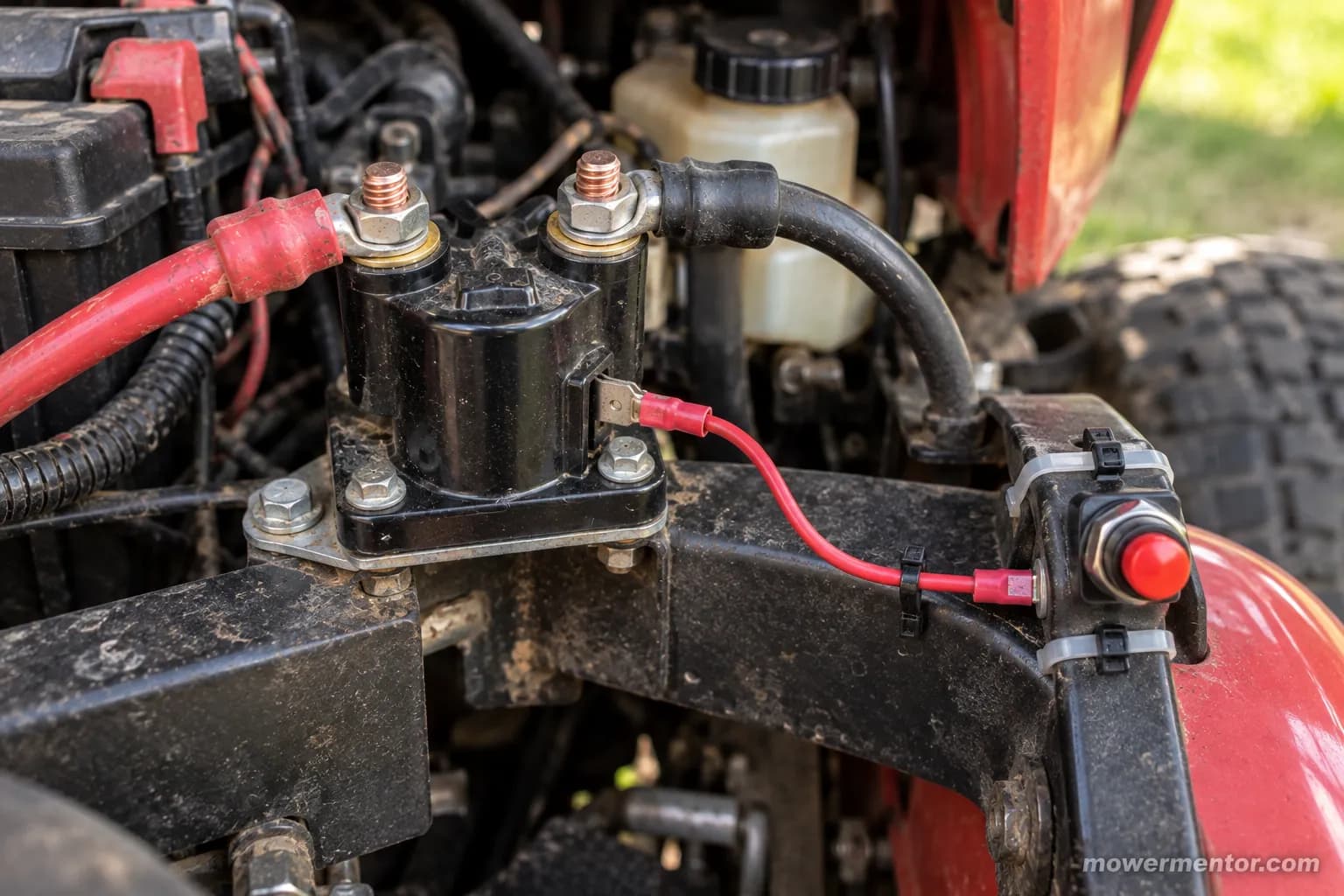 Temporary push-button wired to a mower solenoid S terminal as a limp-home start