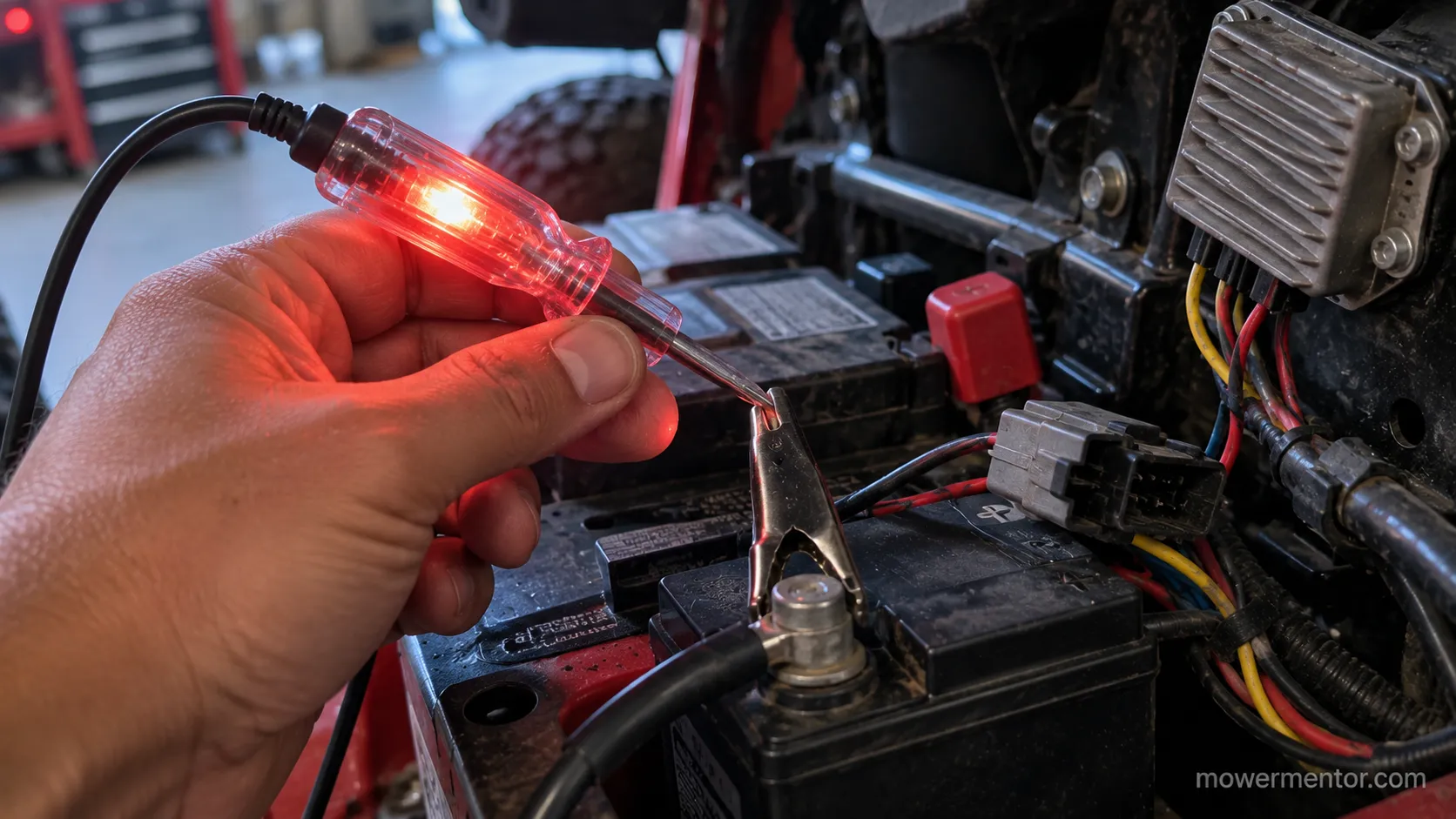 Test light used to isolate a short on a Husqvarna riding mower harness