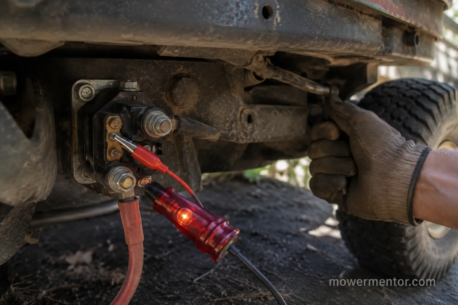 Test light clipped to a John Deere starter solenoid S terminal during an interlock check