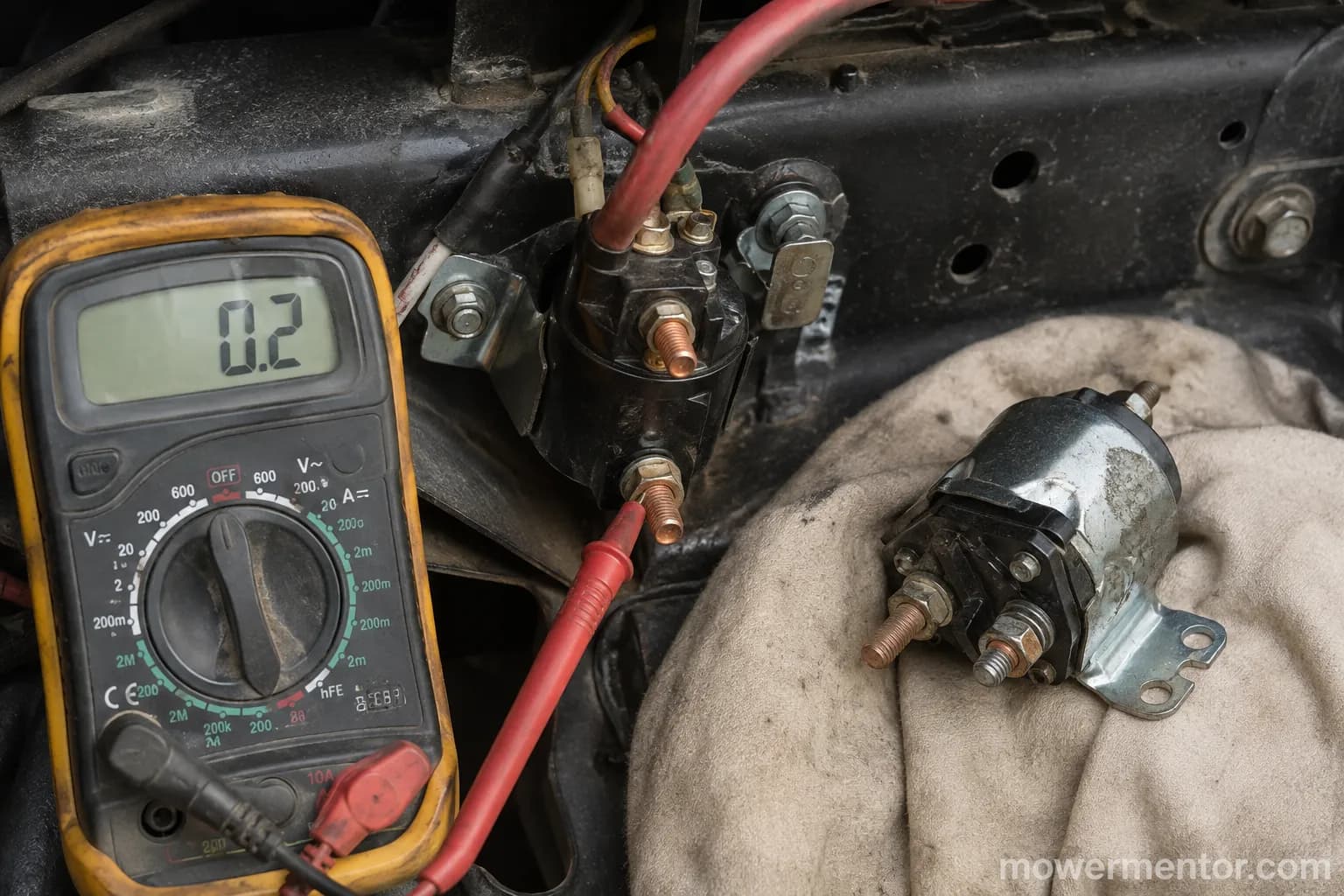 testing a lawn mower starter solenoid starter-side voltage during cranking.