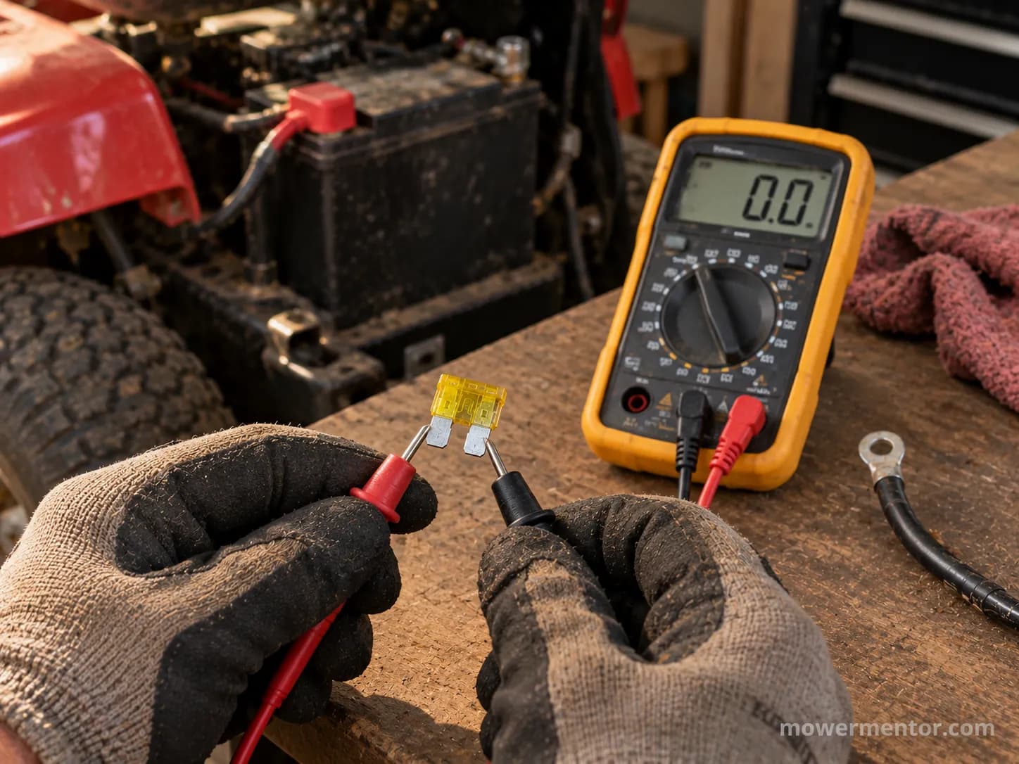 A riding mower fuse being tested for continuity with a multimeter during replacement.