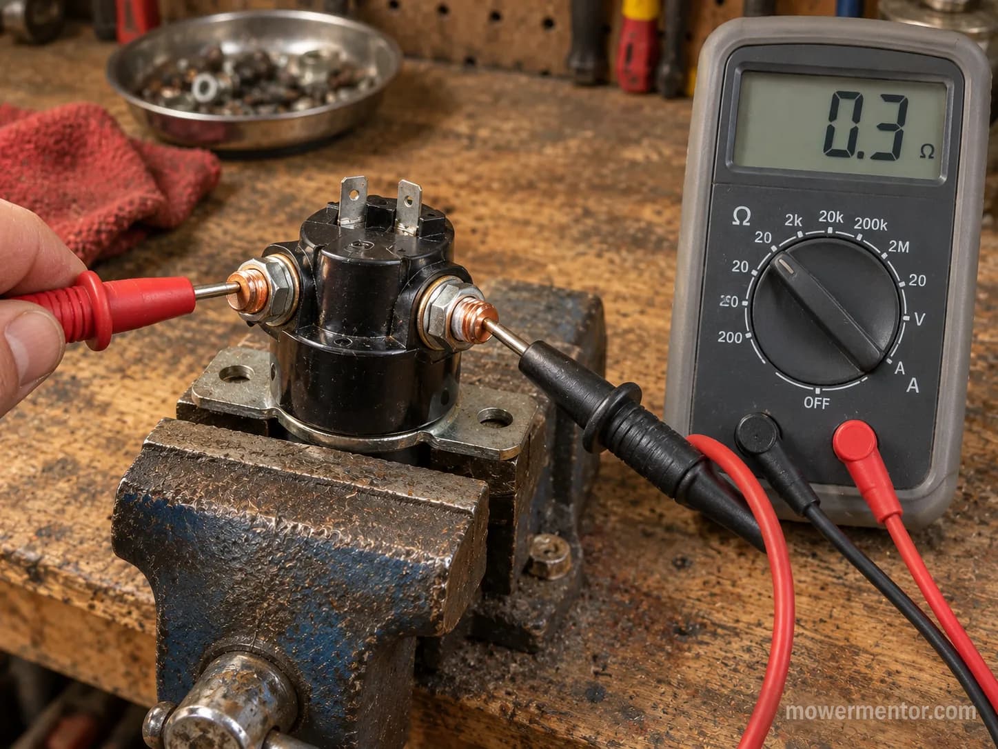 bench-testing a riding mower starter solenoid with a multimeter across the large posts
