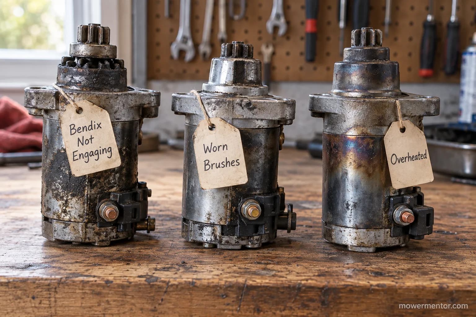 Three lawn mower starter motors on a workbench labeled by failure type