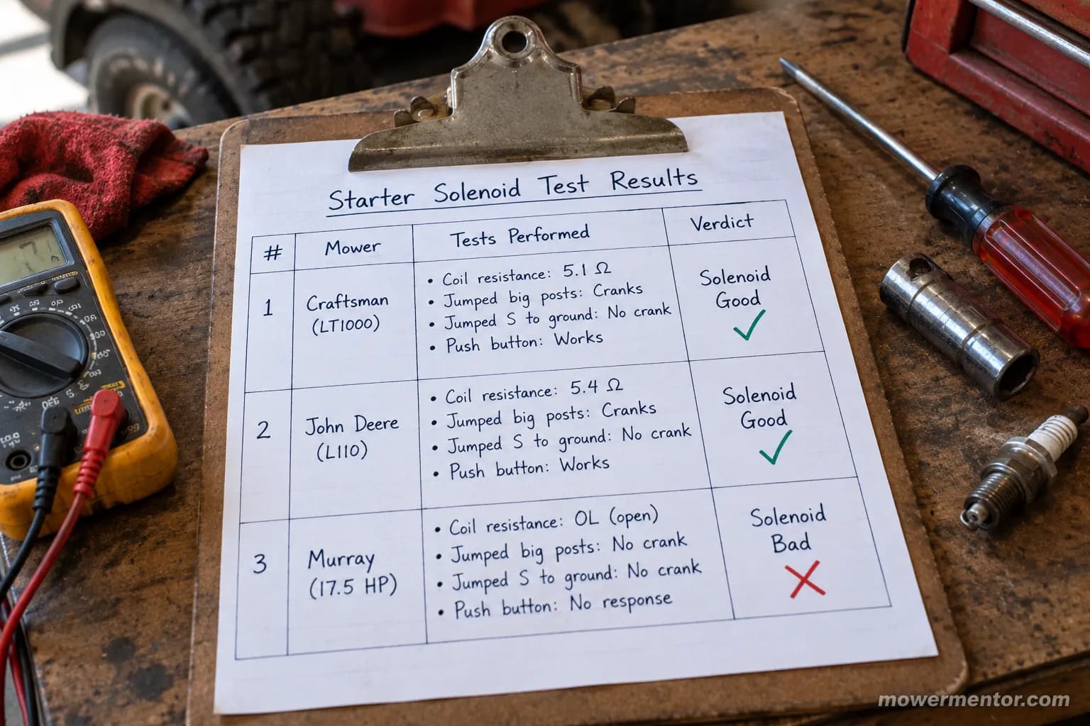 Summary sheet of three test mowers and the solenoid verdict for each