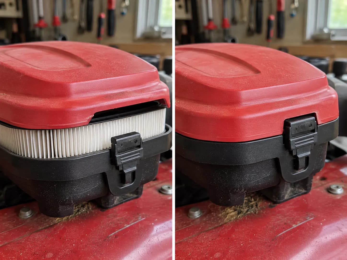 Comparison showing a Toro air cleaner cover raised over an oversized aftermarket filter on the left and latched flush over a correctly sized OEM filter on the right.