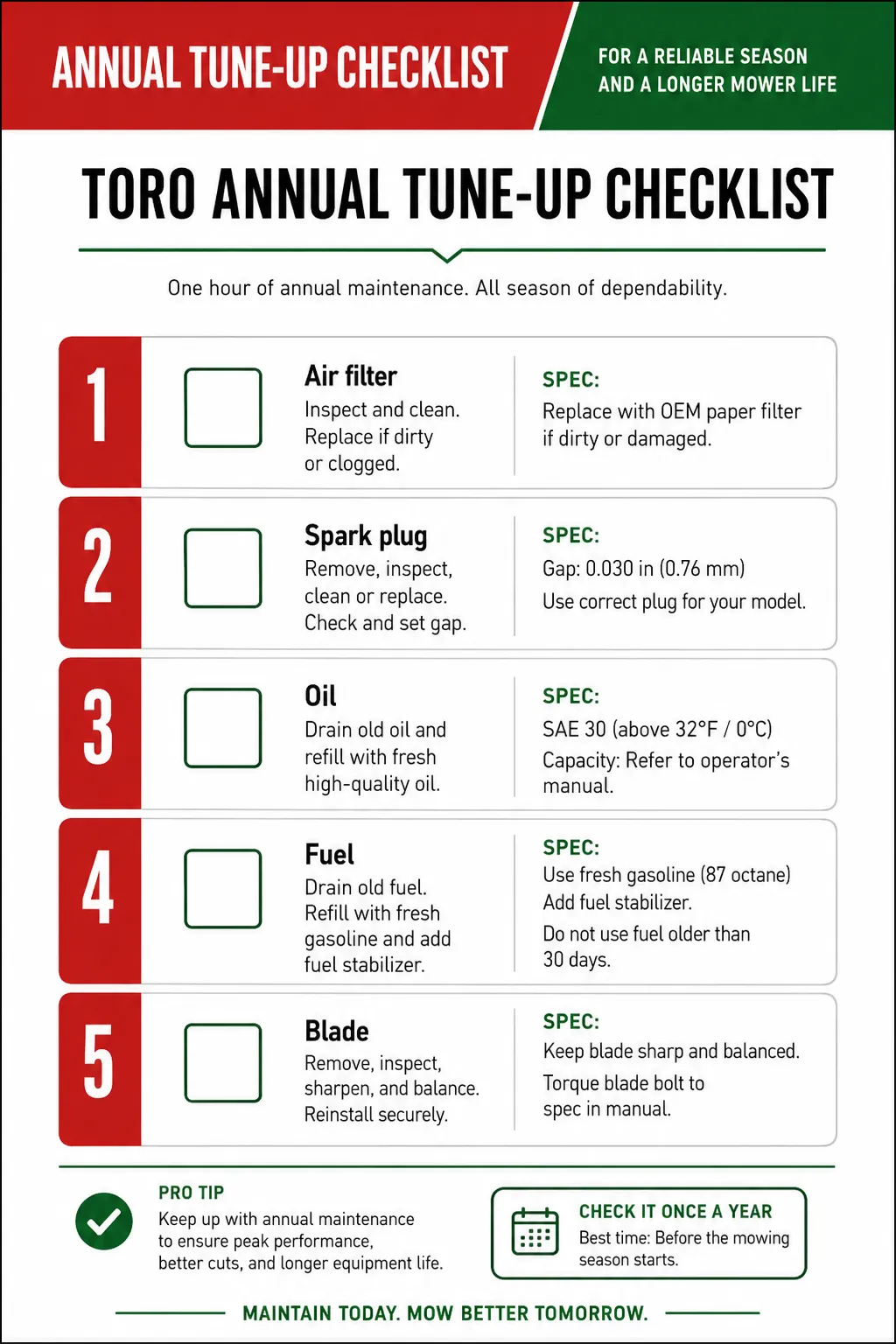 Printable Toro annual tune-up checklist with checkboxes for air filter, spark plug, oil, fuel, and blade maintenance in a clean, garage-ready one-page layout.