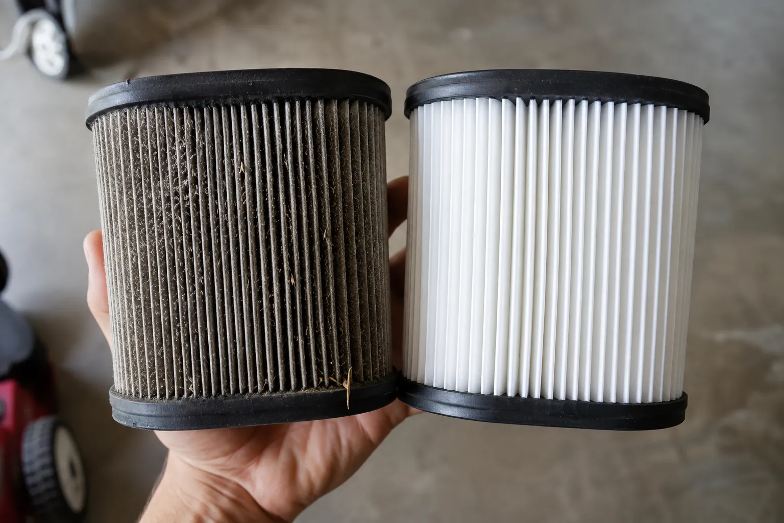 Hand holding a clogged grey Toro paper lawn mower air filter beside a clean white replacement against a plain garage background, showing the difference between a dirty and new filter.