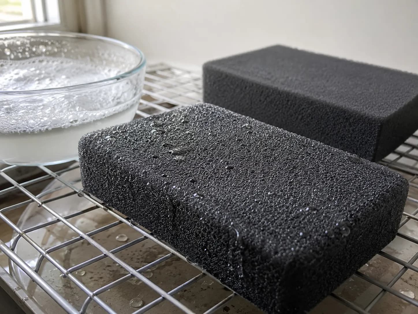 Clean Toro mower foam pre-cleaner shown wet with water droplets beside the same foam fully air-dried on a wire rack, next to a small dish of soapy water.