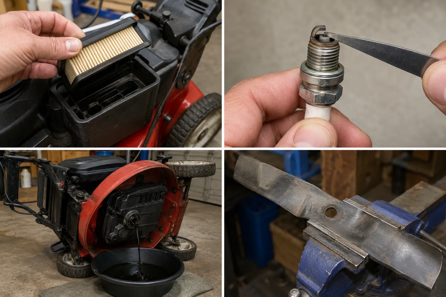 Four-panel collage showing Toro mower maintenance: removing the air filter, checking the spark plug gap with a feeler gauge, draining oil with mower tipped air-filter side up and removing the blade.