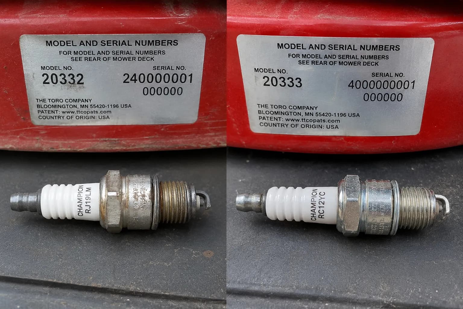 Two Toro model and serial decals photographed side by side, each paired with its matching Champion spark plug—RJ19LM on one mower and RC12YC on the other.