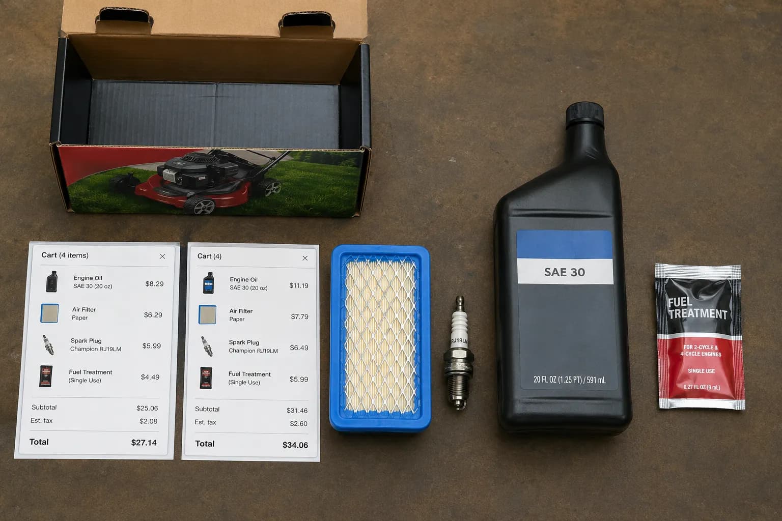 Toro OEM tune-up kit contents arranged on a workbench with an air filter, spark plug, engine oil, fuel treatment packet, and two shopping cart printouts for price comparison.
