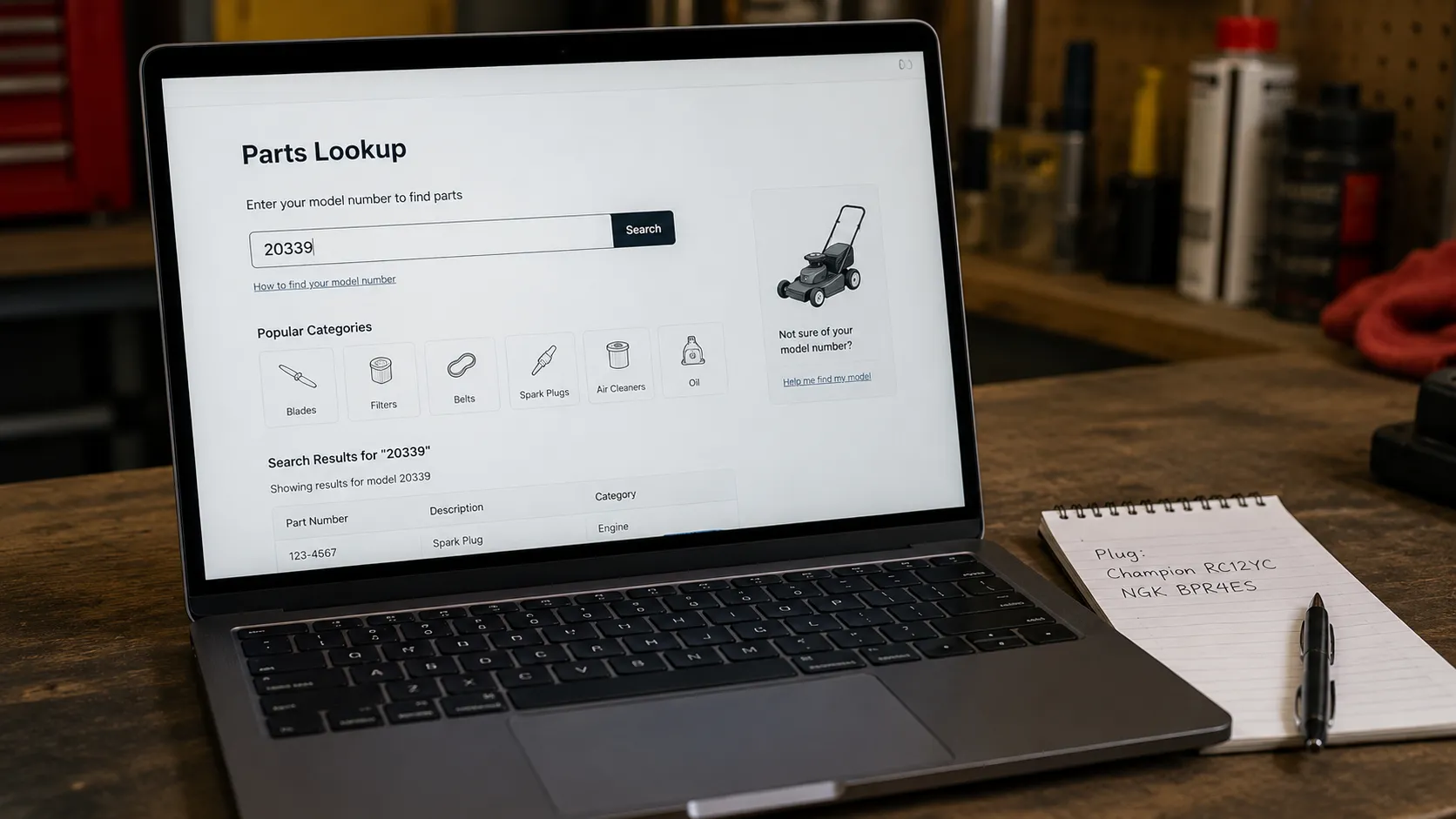 Laptop displaying a generic mower parts lookup page with a model number entered, beside a notepad listing spark plug information on a workbench.