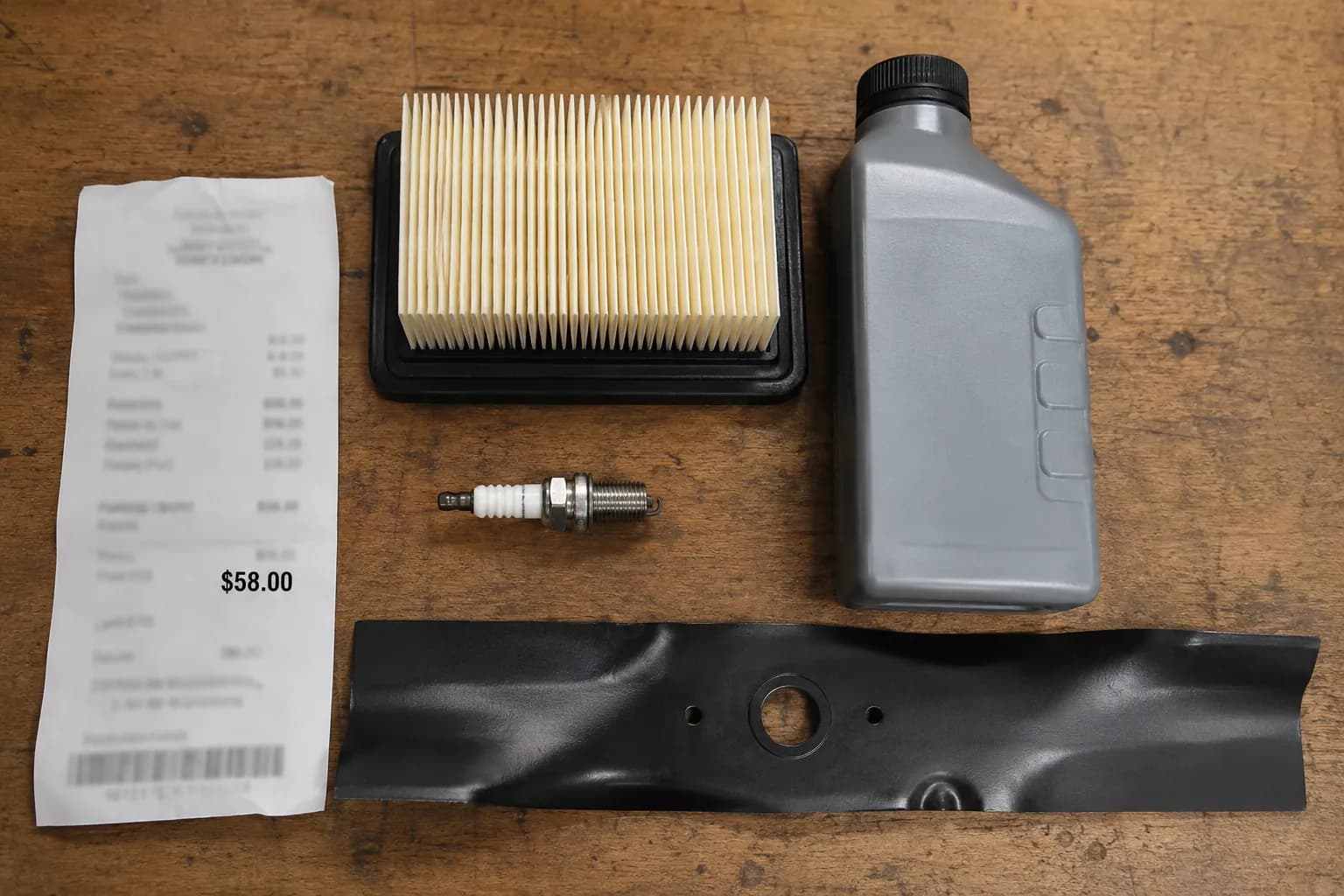 Hardware-store receipt beside Toro lawn mower tune-up parts, including a paper air filter, spark plug, SAE 30 engine oil, and replacement mower blade on a clean workbench.