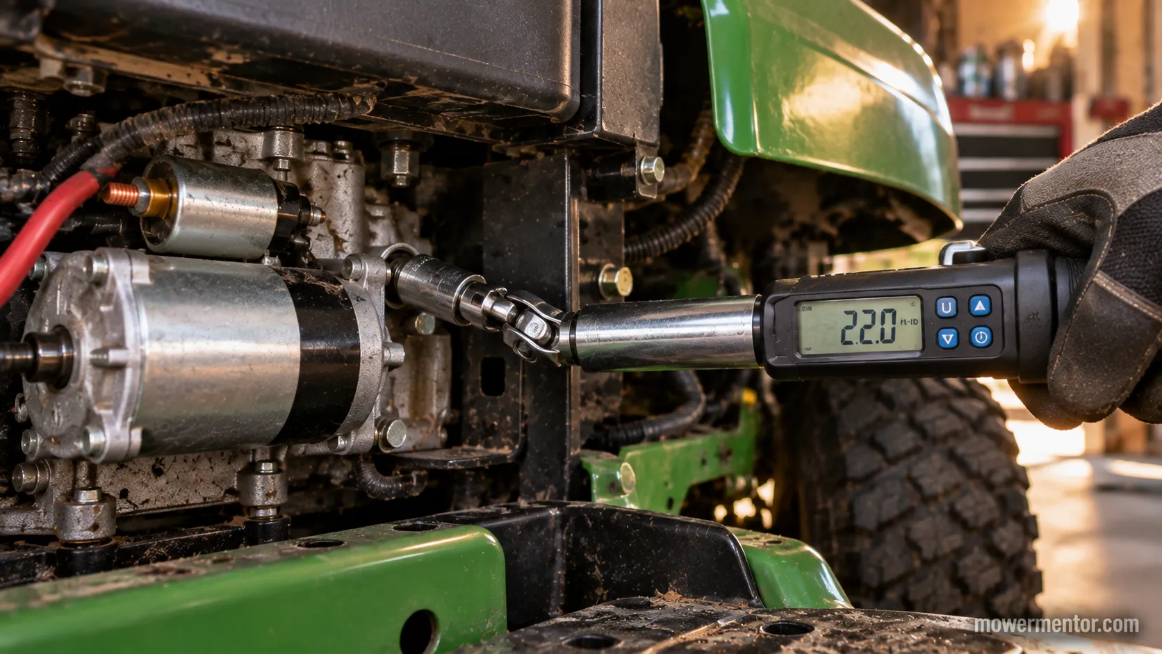torque wrench set on a lawn mower starter mounting bolt.
