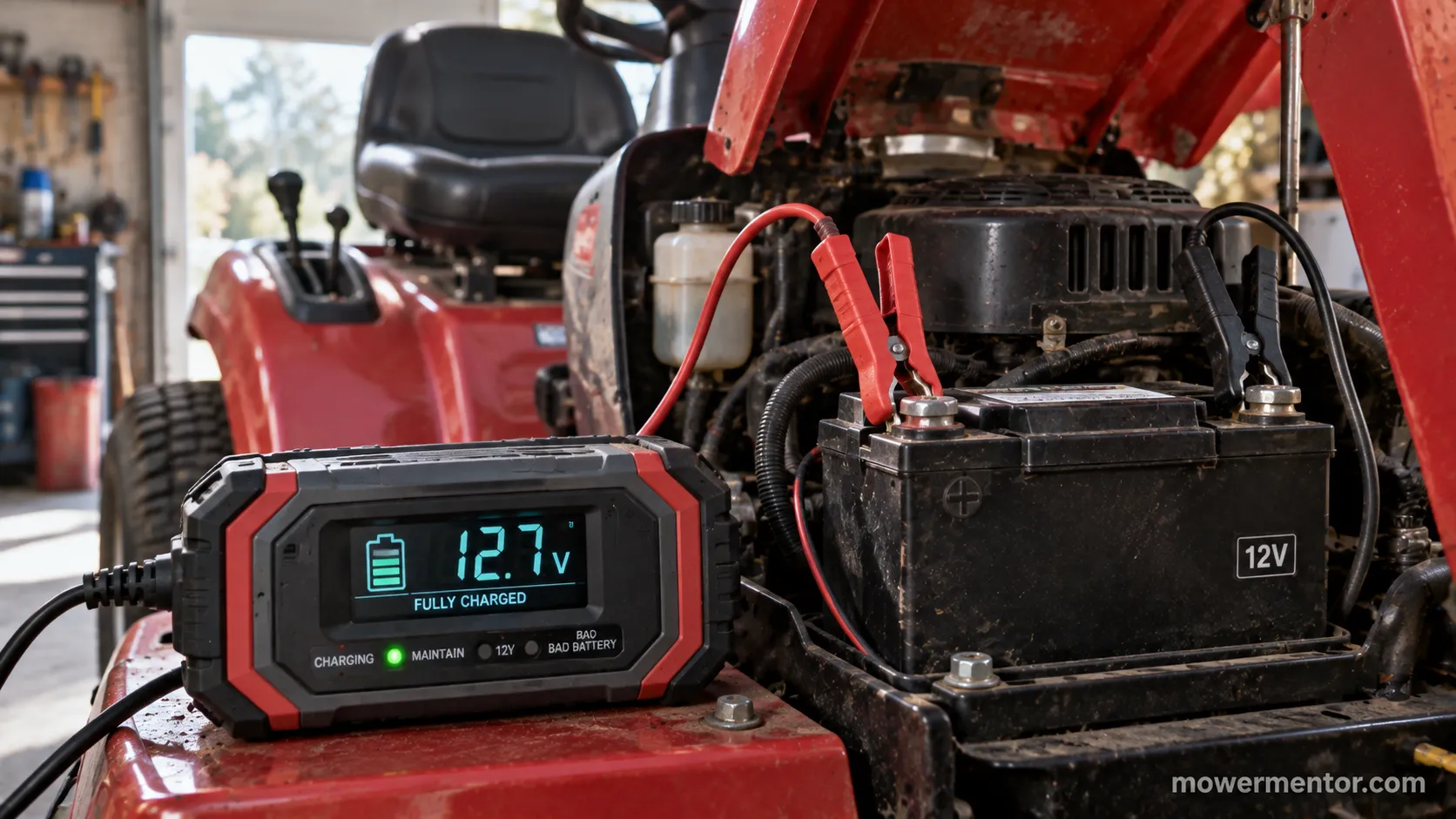 Troy-Bilt battery charger showing 12.7 volts after winter