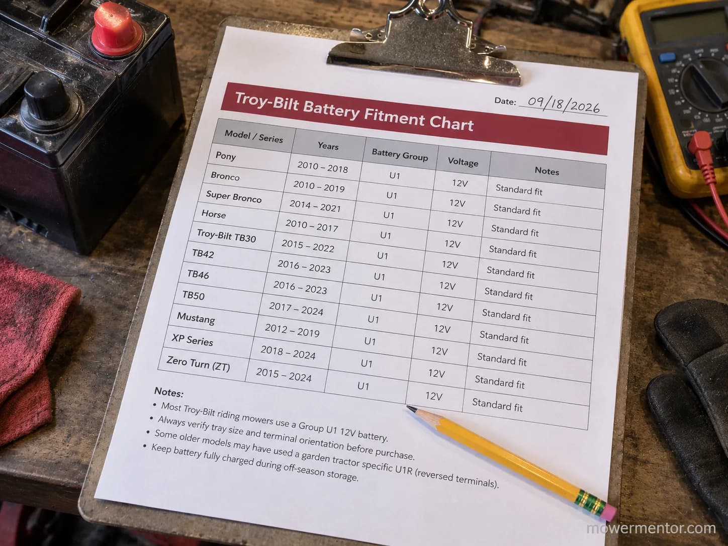 A fitment chart of Troy-Bilt riding mower battery Group size and CCA by model on a workbench.
