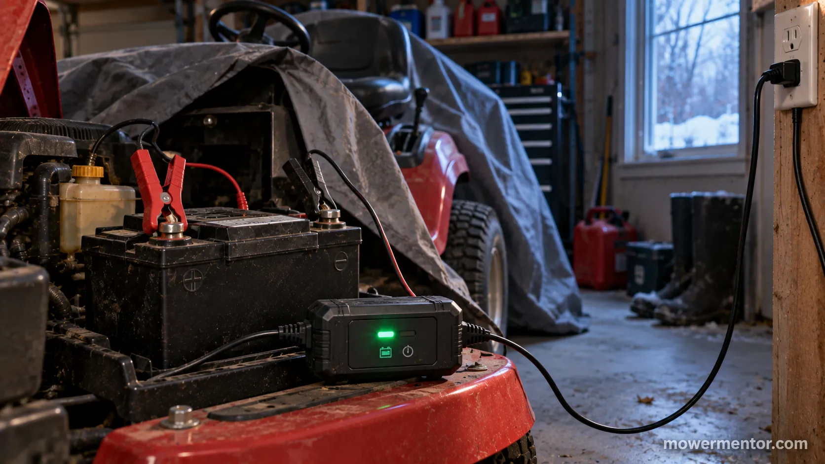 Battery maintainer on a Troy-Bilt riding mower in winter storage