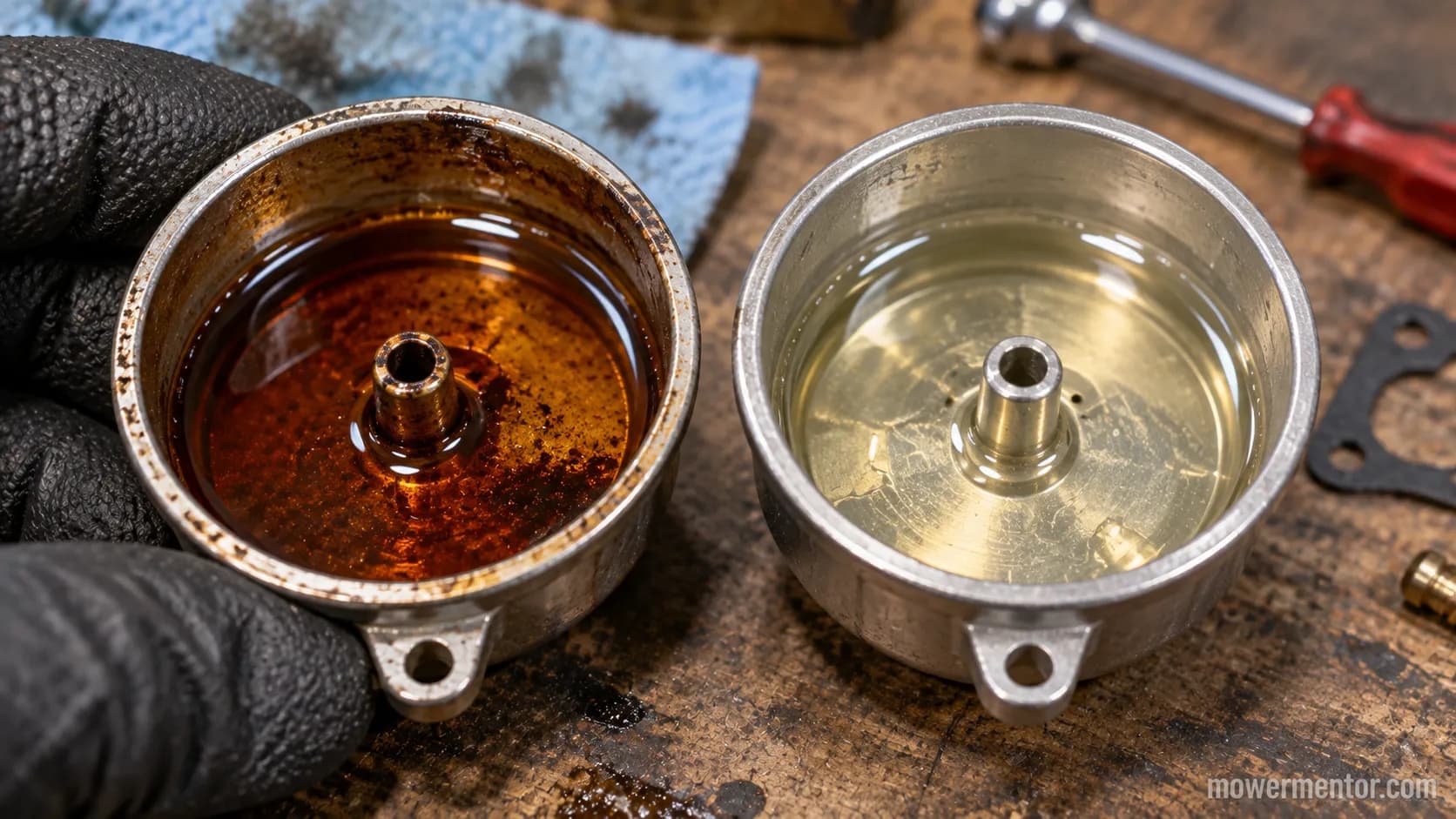 Varnished vs fresh fuel in a Troy-Bilt carburetor float bowl