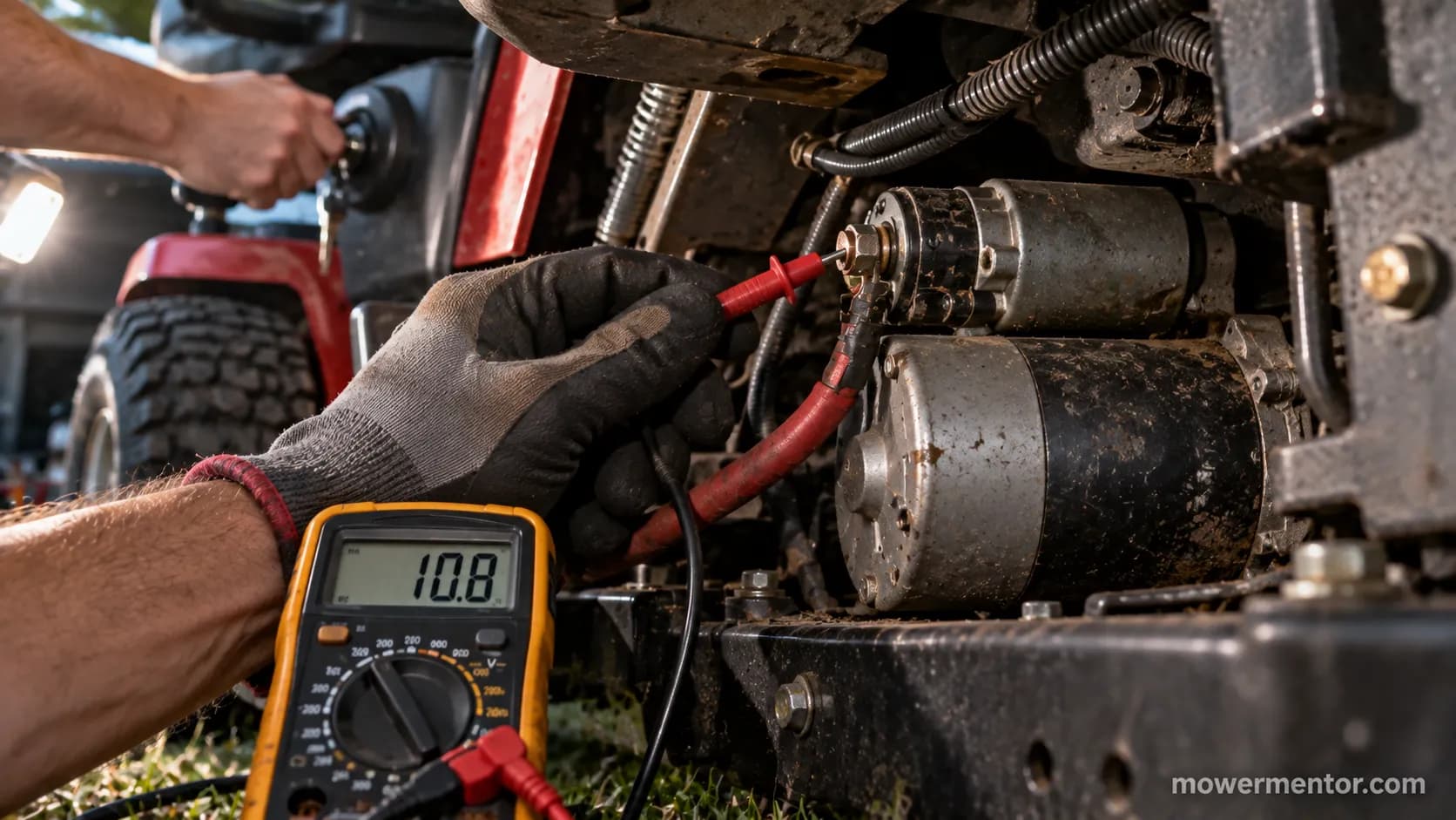 Multimeter reading voltage at a Troy-Bilt starter during cranking