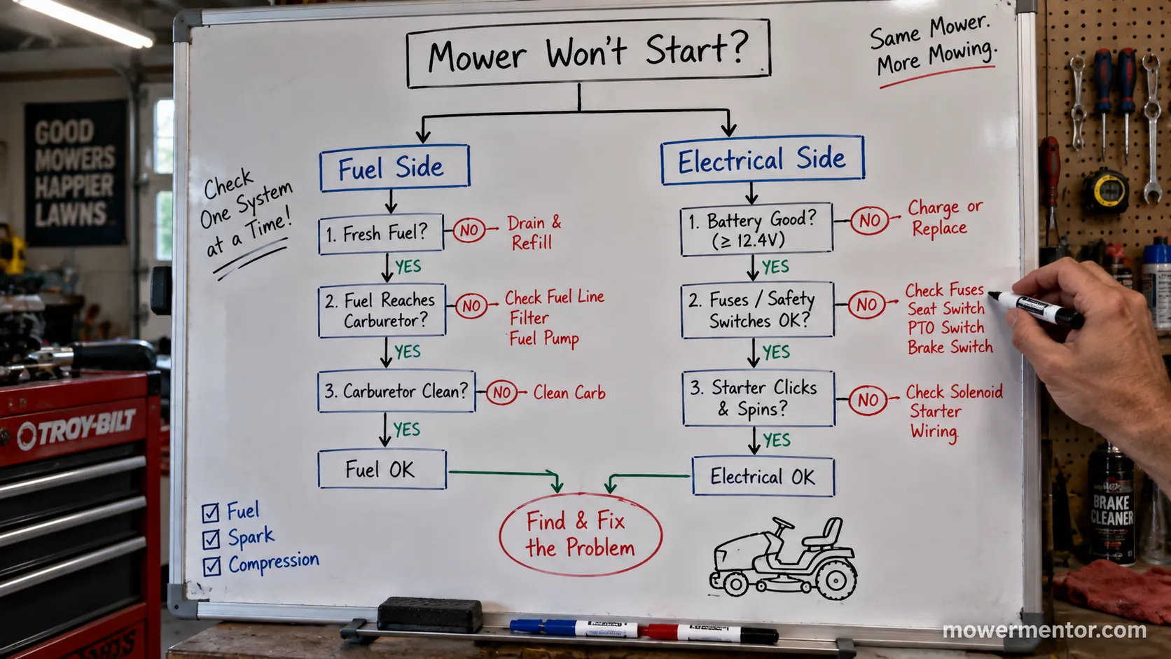 Troy-Bilt won't start decision tree: fuel vs electrical