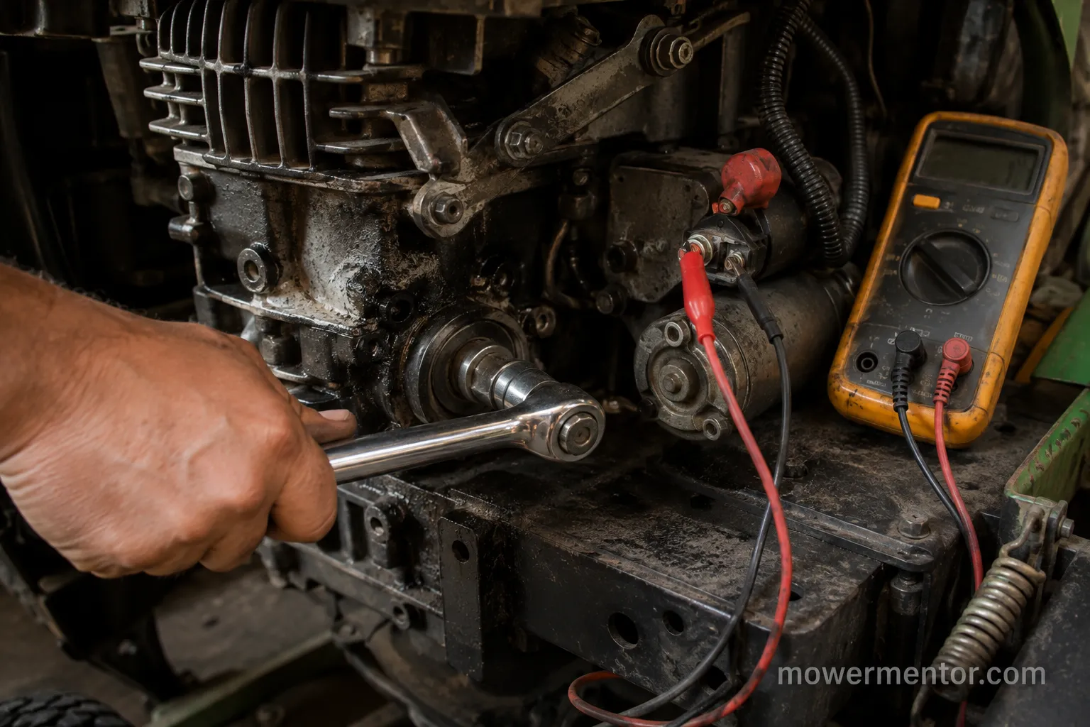 Turning a John Deere mower crankshaft by socket to rule out a seized engine before condemning the starter