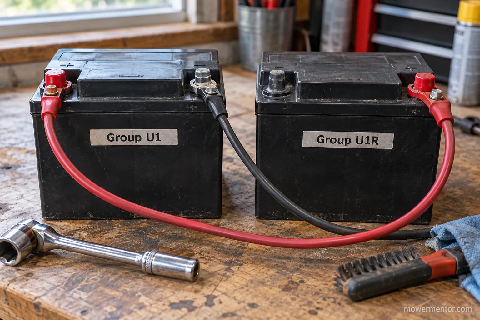 Group U1 and U1R riding mower batteries side by side showing positive post on opposite sides.