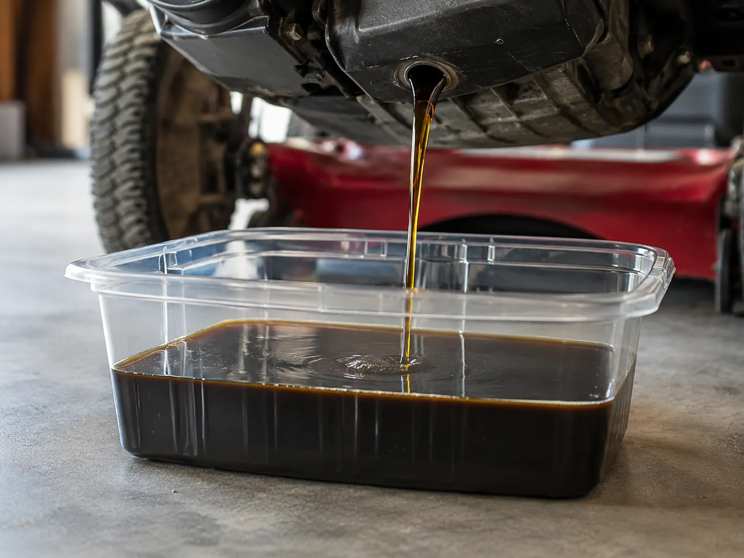 Dark used lawn mower engine oil draining into a clear plastic drain pan, with the oil level reaching approximately the 18-ounce mark during an oil change.