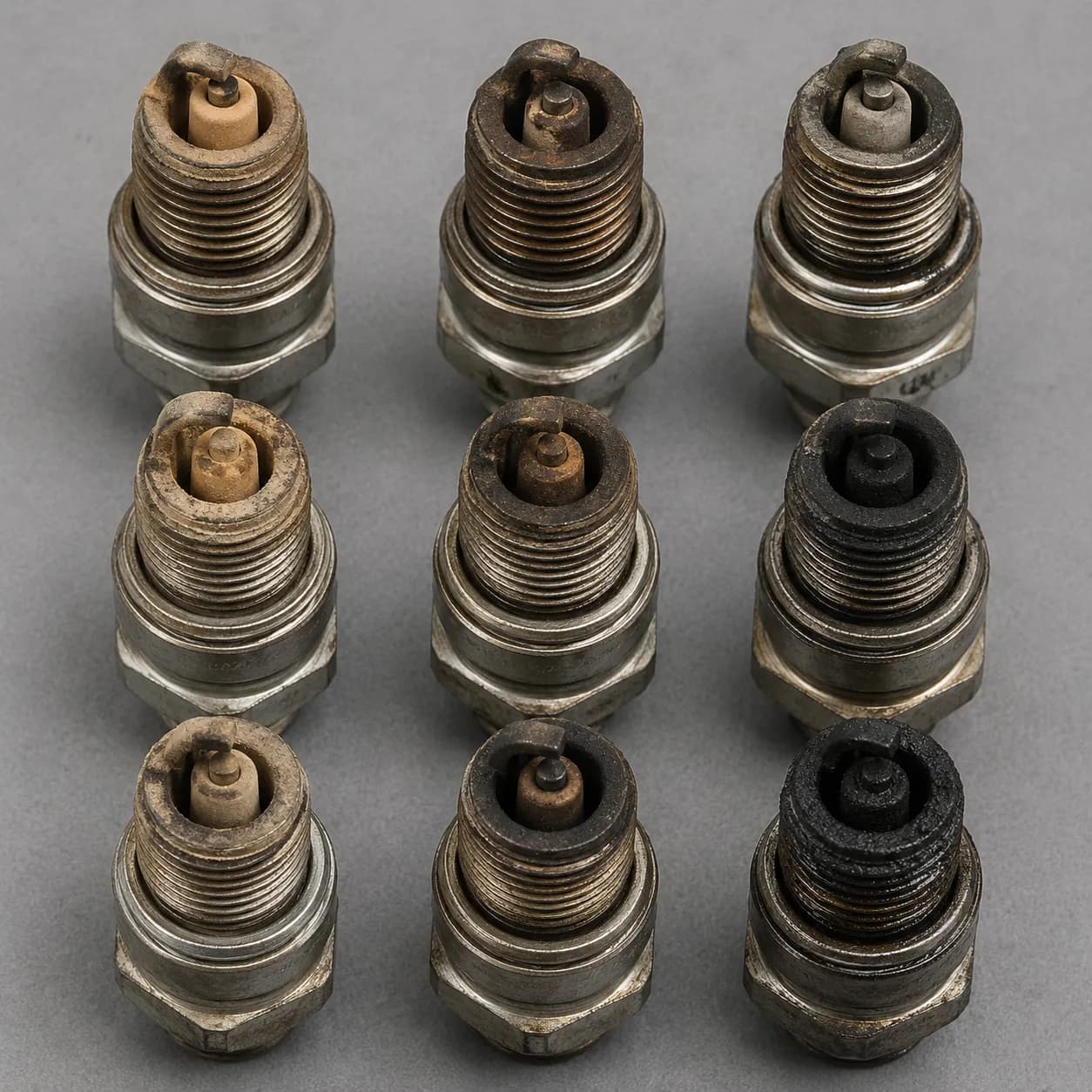 Nine used small-engine spark plugs arranged in a 3×3 grid on a grey surface, showing different electrode conditions from light tan to heavy black soot before replacement and gap inspection.