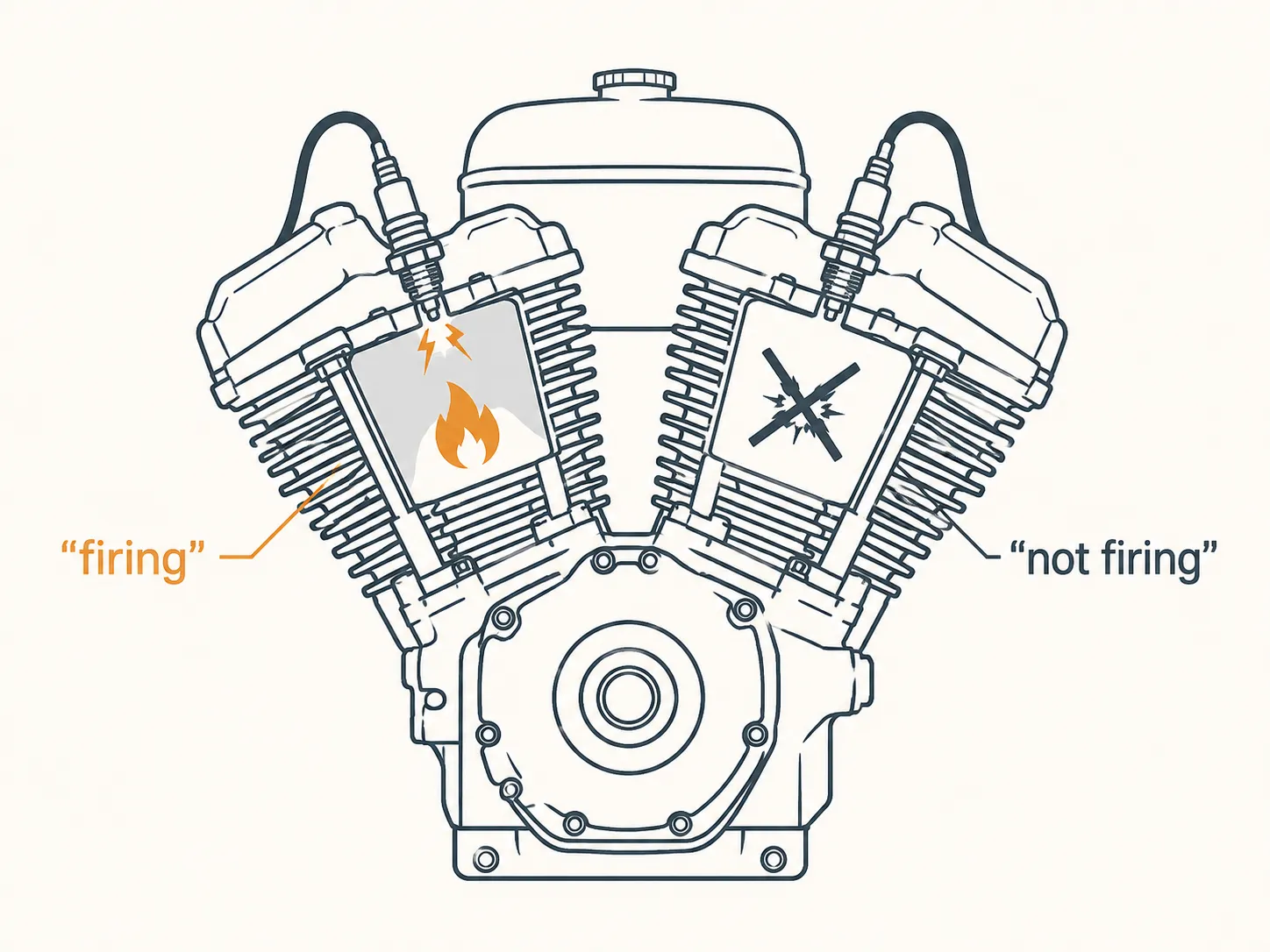 Technical diagram of a V-twin small engine showing one cylinder firing and the other not firing, illustrating why a failed spark plug causes rough running instead of a no-start condition.