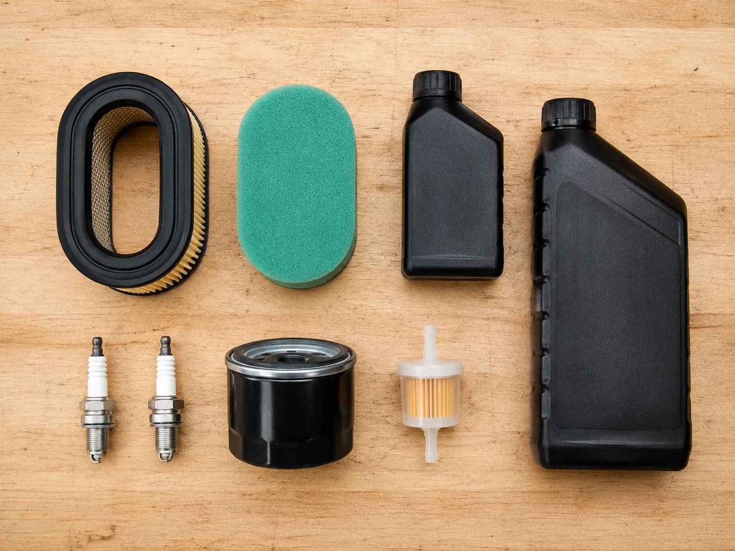 V-Twin riding mower tune-up kit contents arranged on a workbench with an air filter, foam pre-cleaner, two spark plugs, oil filter, fuel filter, and 18 oz and 48 oz SAE 30 oil bottles.