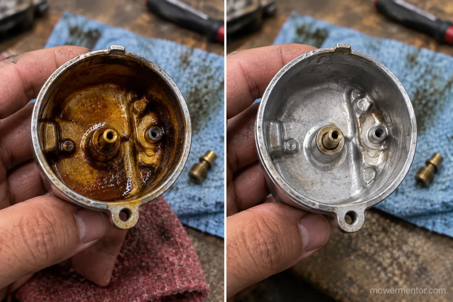Varnished carburetor float bowl before and after cleaning, with a blocked then clear main jet.