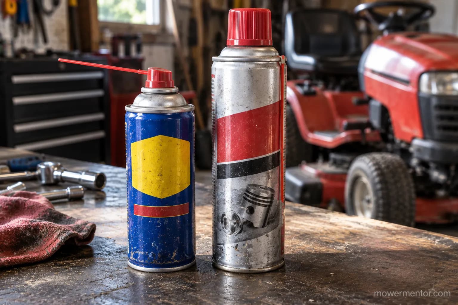 Classic multi-use spray can beside an ether starting-fluid can for comparison on a workbench.